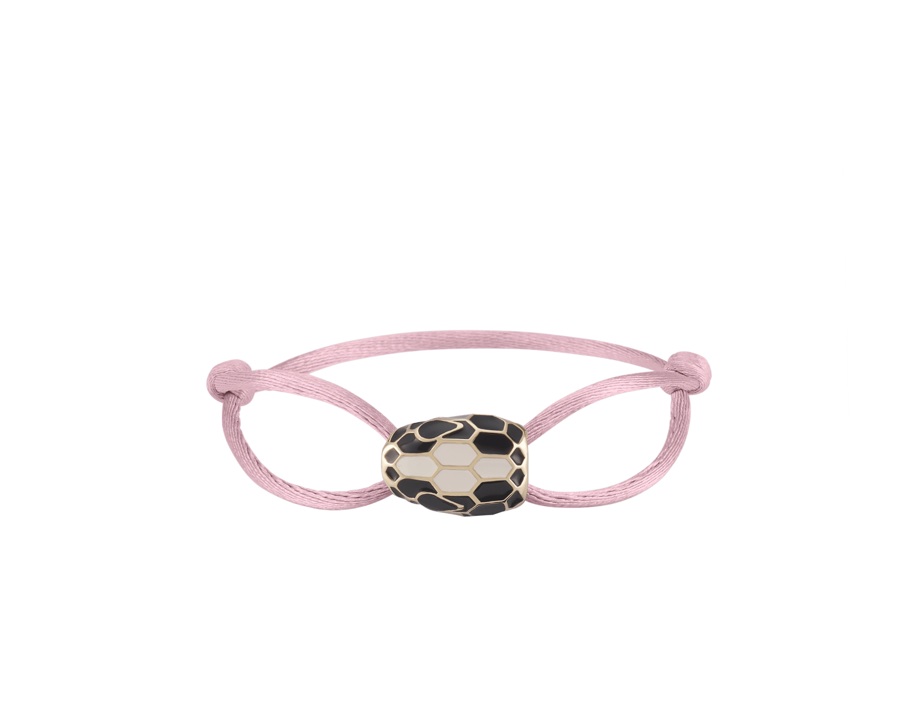 Serpenti Forever bracelet in foggy opal grey fabric. Captivating light gold-plated brass snakehead embellishment with black and white agate enamel scales and black enamel eyes. SERP-STRINGf image 1