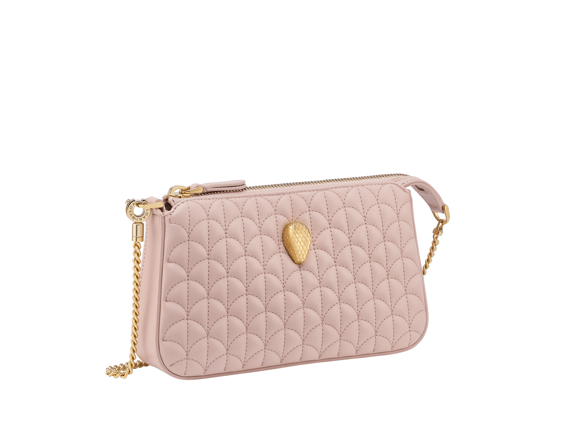 Serpenti Sugarloaf chain clutch in royal ruby Calla Matelassé calf leather with a quilted pattern, royal ruby nappa leather lining and a zipped closure. Captivating snakehead rivet in gold-plated brass. SSL-CHAINCLUTCH image 1