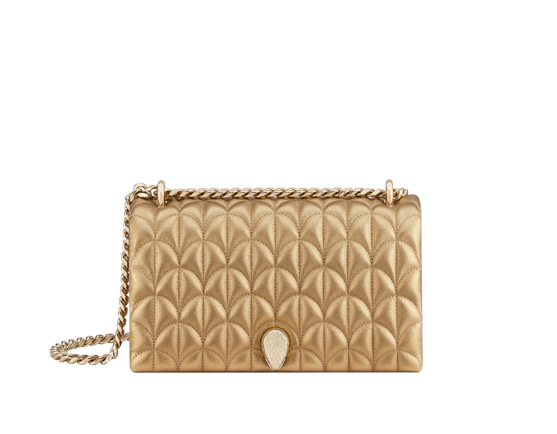 Serpenti Sugarloaf shoulder bag in black calf leather with a distinctive Calla Matelassé motif and black nappa leather lining. Captivating snakehead magnetic closure in gold-plated brass embellished with red enamel eyes. SCB-001-1295S-CALF image 1