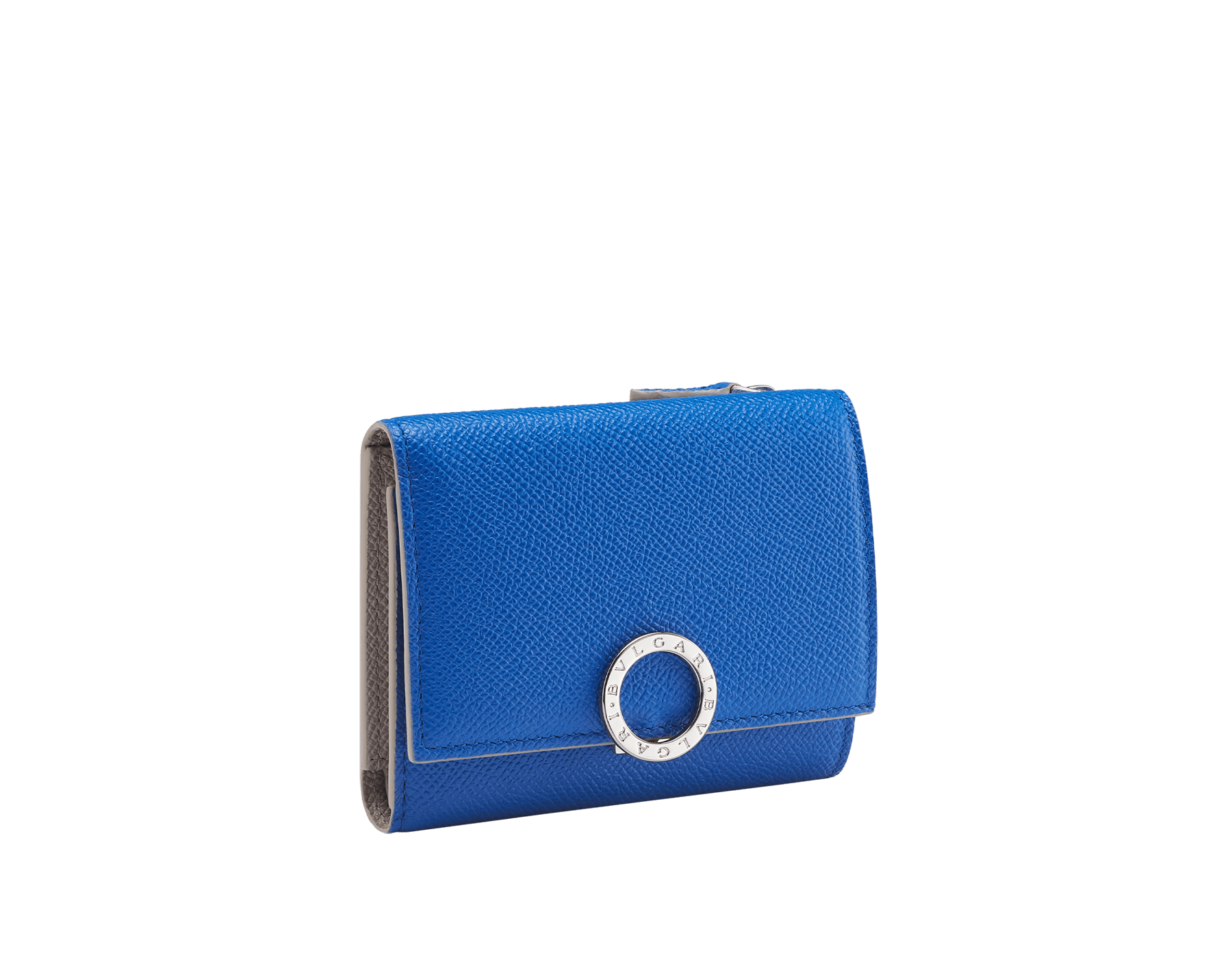 Bulgari Clip compact yen wallet in Olympian sapphire blue grain calf leather with foggy opal grey grain calf leather interior. Iconic palladium-plated brass clip and folded closure. BCM-YENCOMPACTZPb image 1