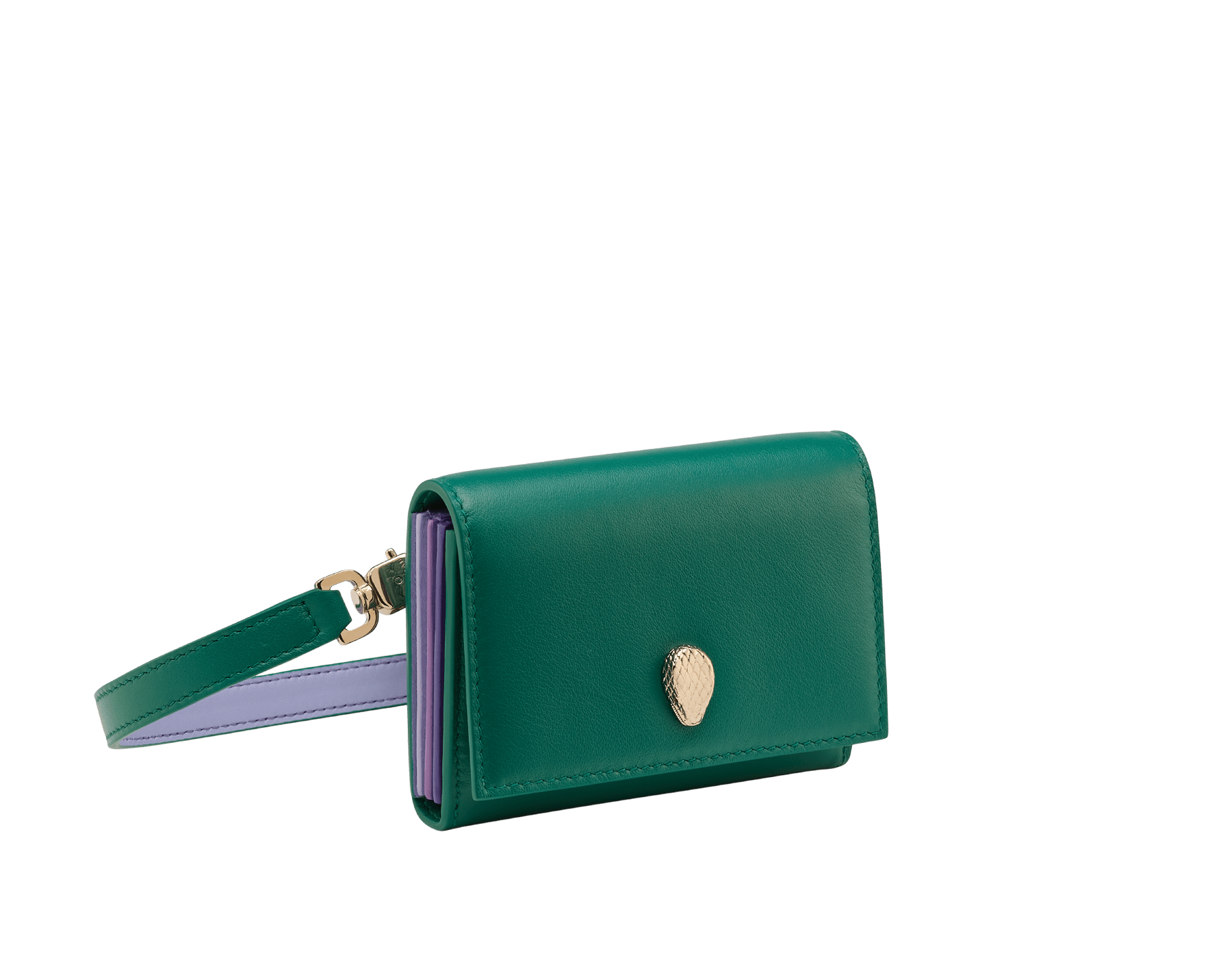 Serpenti Forever crossbody card holder in jade green Metropolitan calf leather with amethyst purple, lavender and sheer amethyst lilac nappa leather side details, and black moiré lining. Captivating magnetic snakehead closure in light gold-plated brass embellished with red enamel eyes. SEACCACCOWSTRAP image 1