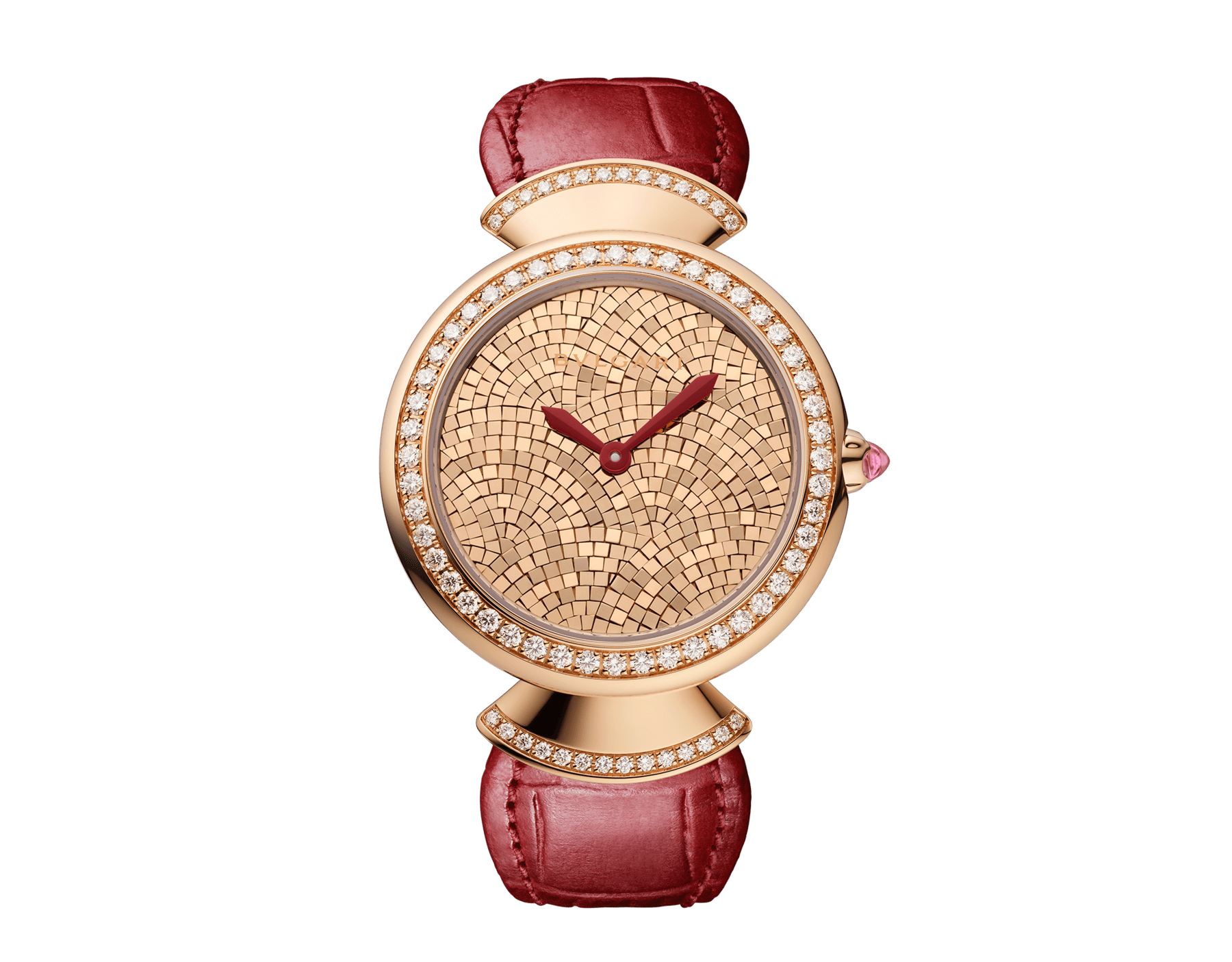 Divas' Dream 18 kt rose gold watch with diamond-set bezel and links, gold mosaic dial, red hands and red alligator bracelet. Water-resistant up to 30 metres 103996 image 1