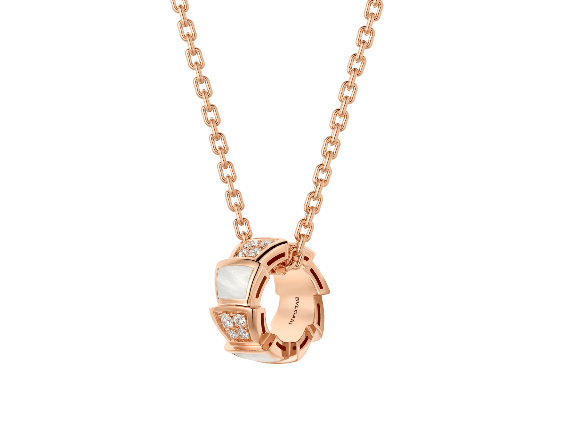 Serpenti Viper 18 kt rose gold necklace set with mother-of-pearl elements and pavé diamonds on the pendant. 357095 image 1