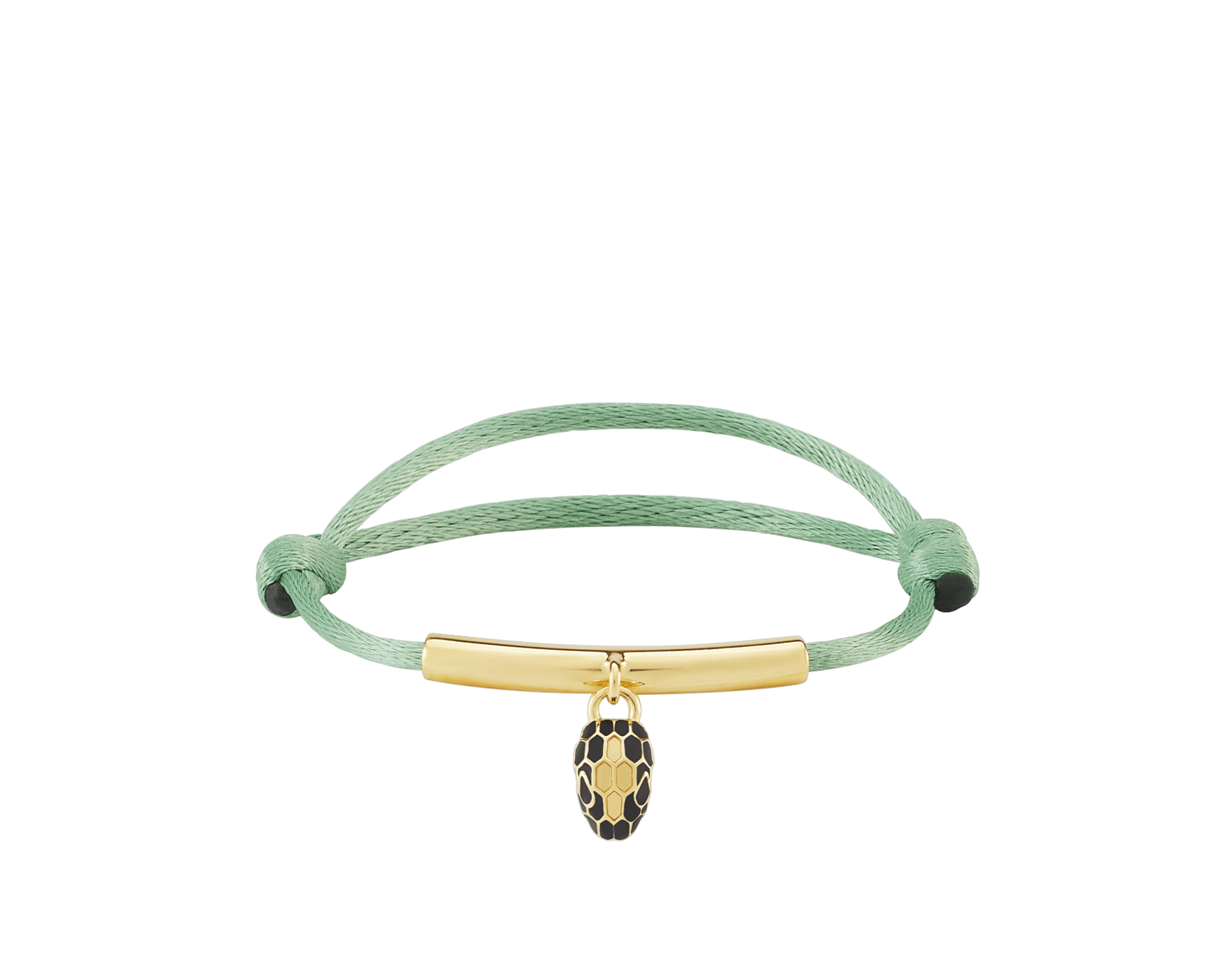 Serpenti Forever Armband aus rubinrotem Stoff. Röhrenförmiges Element aus vergoldetem Messing und ikonischer Schlangenkopf-Anhänger mit Schuppen aus schwarzer und achatweißer Emaille sowie Augen aus schwarzer Emaille. SERP-MINISTRINGe image 1