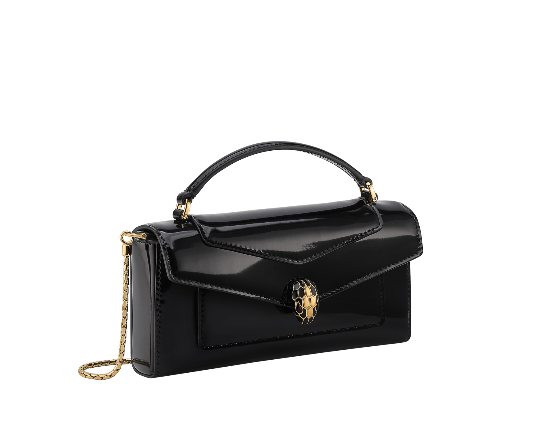 Étui pour téléphone Serpenti Forever en cuir de veau verni couleur agate blanche avec doublure en cuir nappa noir. Fermoir magnétique Serpenti en laiton plaqué or rehaussé d’écailles en émail couleur agate noir foncé et laiton plaqué or et d’yeux en onyx noir. SEA-PHONEPOUCH-varn image 1