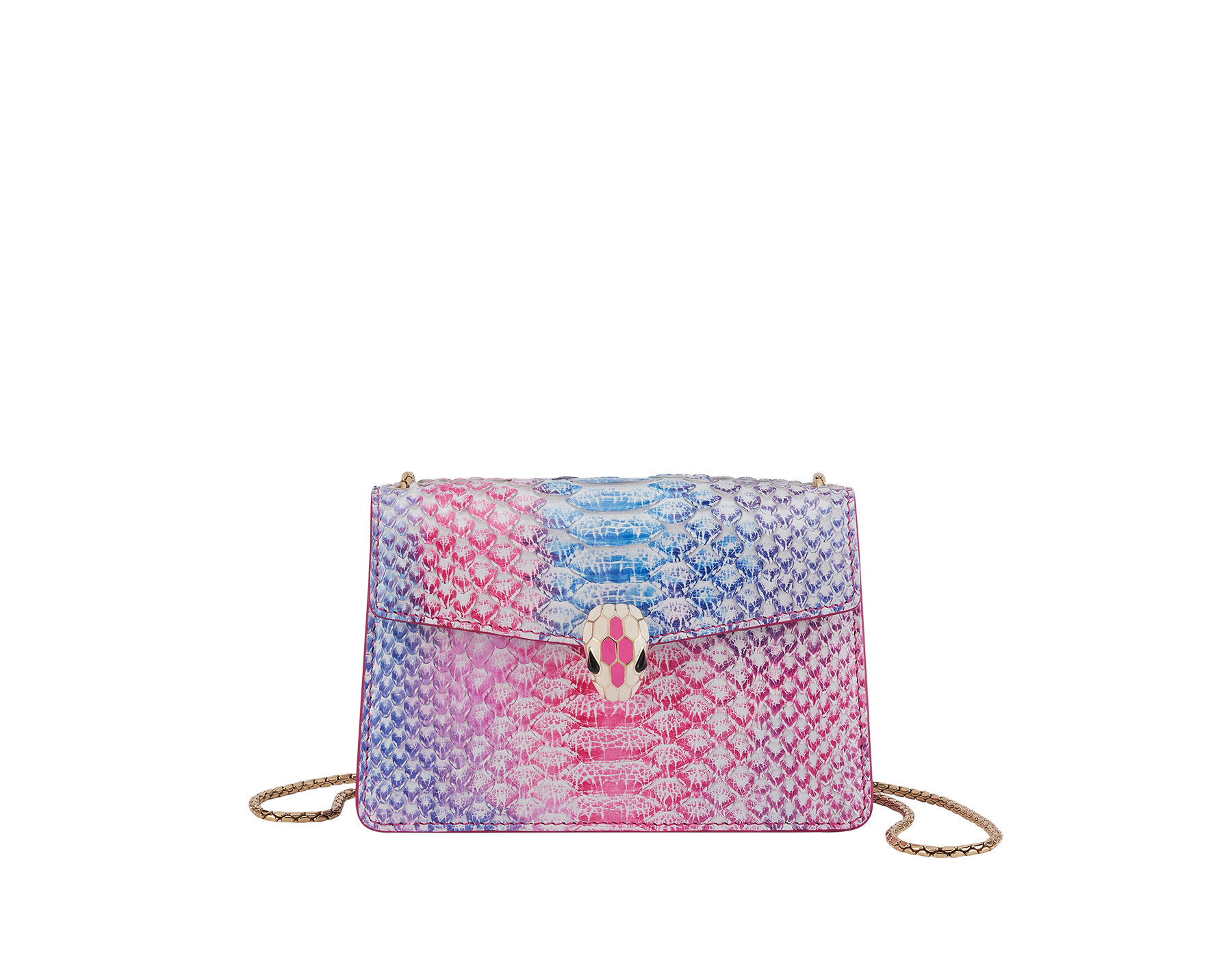 Serpenti Forever mini crossbody bag in multicolour Spring Shade python skin with azalea quartz pink nappa leather lining. Captivating magnetic snakehead closure in light gold-plated brass embellished with ivory opal and azalea quartz pink enamel scales and black onyx eyes. 292137 image 1
