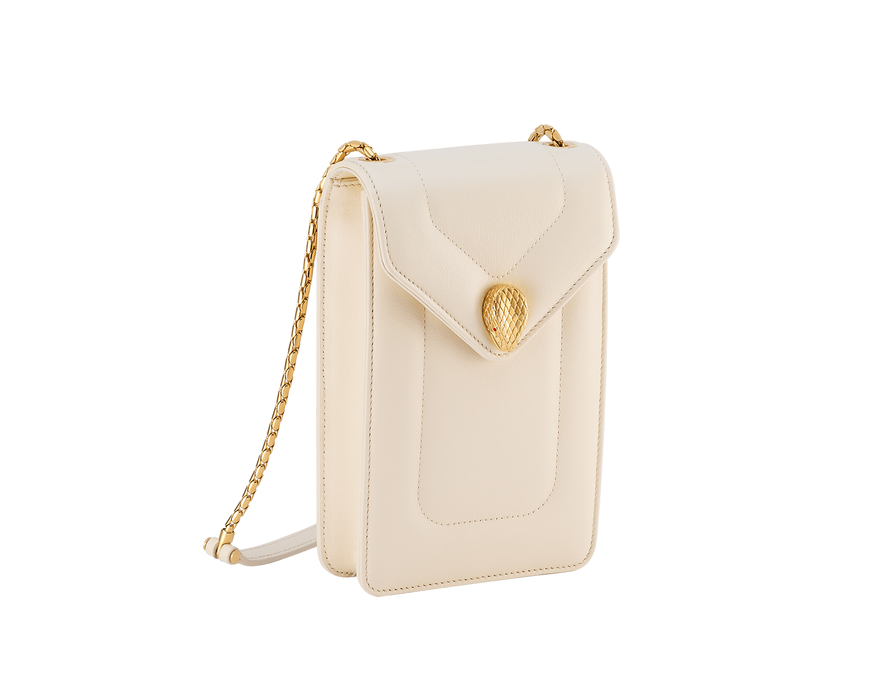 Serpenti Reverse Handy-Etui aus gestepptem Metropolitan-Kalbsleder in Sun Citrine Gelb mit Innenseite aus Metropolitan-Kalbsleder in Linen Agate Beige. Faszinierender Schlangenkopf-Magnetverschluss aus hell vergoldetem Messing mit Augen aus roter Emaille. SRV-PHONECASE image 1
