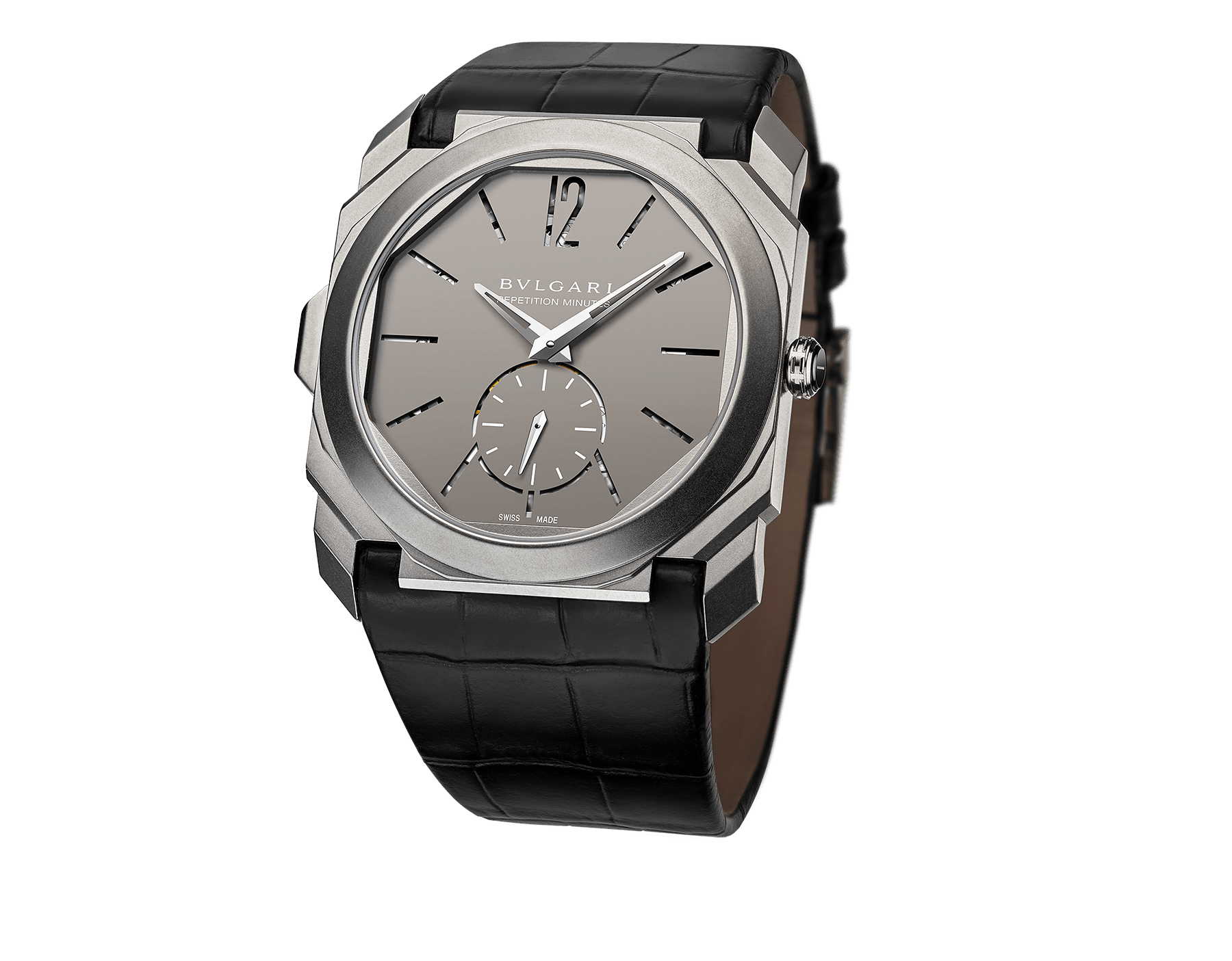 Octo Finissimo Minute Repeater watch with ultra thin mechanical manufacture movement, manual winding and small seconds, titanium case, skeletonized titanium dial and black alligator bracelet. 102559 image 1