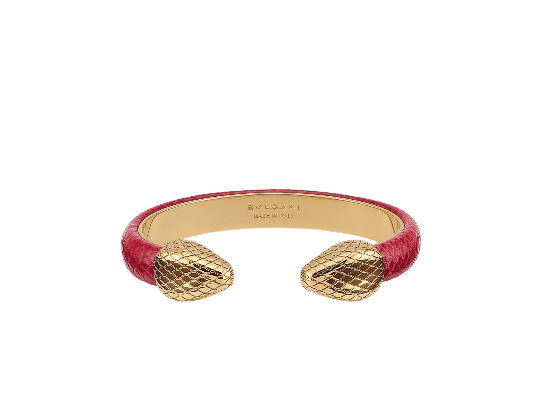 Serpenti Forever bangle bracelet in gold-plated brass with amaranth garnet pure karung inserts. Captivating contraire snakehead motif in gold-plated brass. BRACLT-SP-CONTR-LNY image 1
