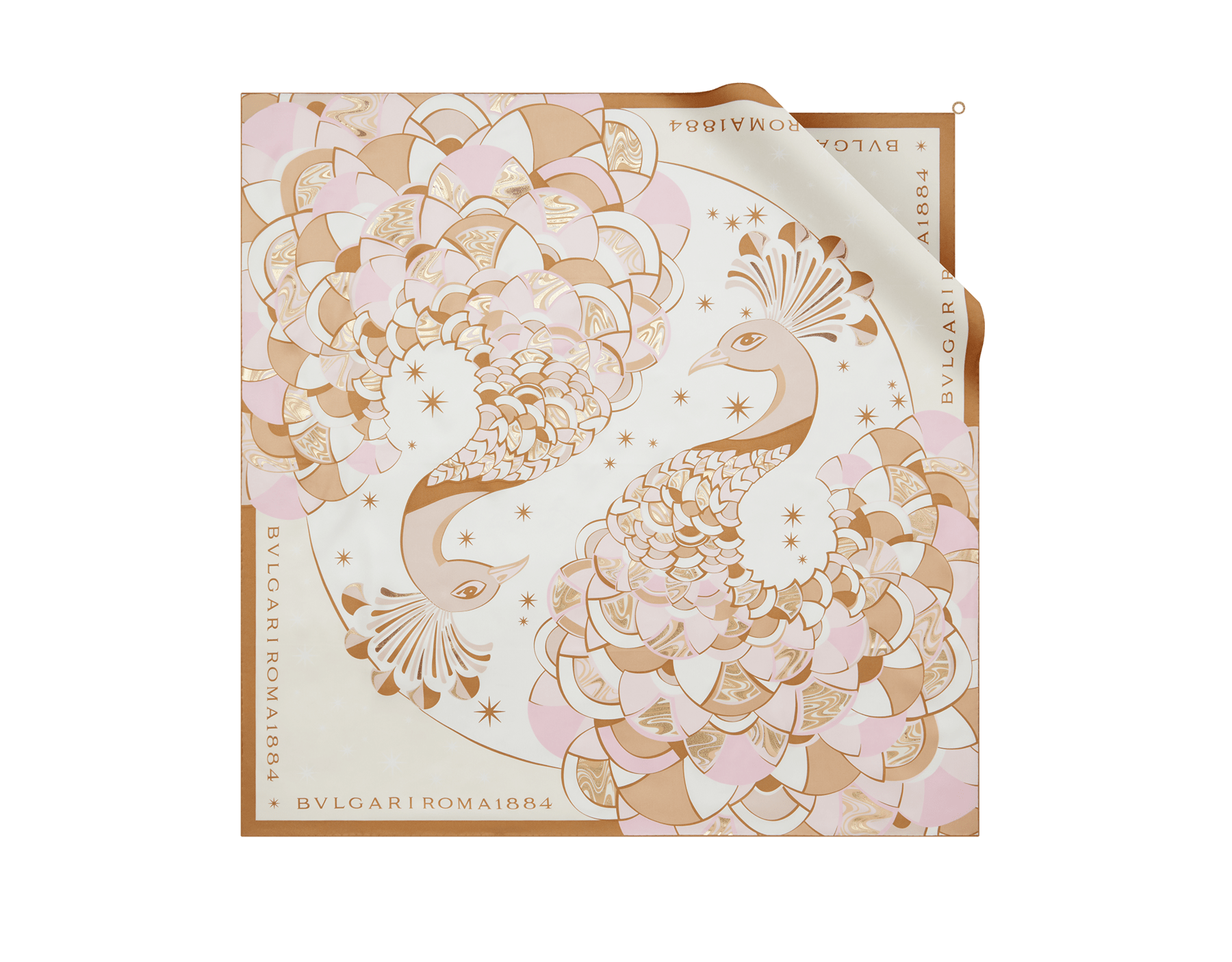 Peacock Lux 絲巾，採用上等淺粉紅色斜紋絲，飾以 BVLGARI BVLGARI 金屬吊墜。100% 純絲製作而成。 PEACOCKLUX-SQ image 1