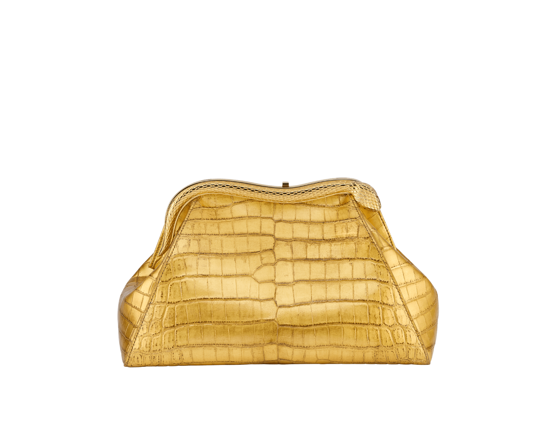 Serpentine medium pouch in antique gold soft metallic crocodile skin with 24 kt gold treatment and emerald green nappa leather lining. Captivating snake-shaped frame in gold-plated brass including 3 µ of 24 kt gold, embellished with engraved scales and red enamel eyes on one side and antique gold soft metallic crocodile insert on the other, and press-button closure. Exclusive Bulgari 50th anniversary in the US Edition. 292590 image 1