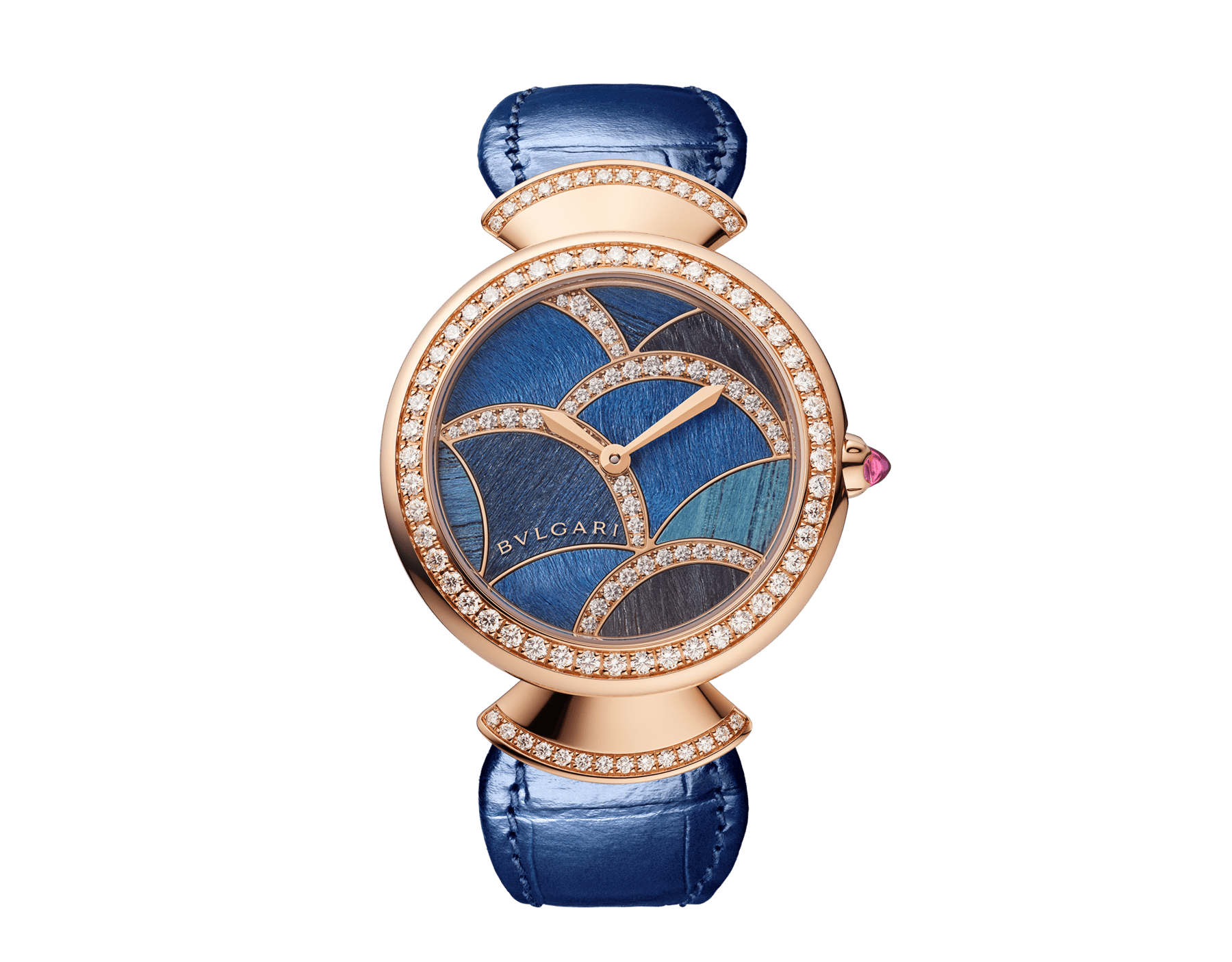 Orologio Divas' Dream con cassa in oro rosa 18 kt con diamanti taglio brillante, quadrante intarsiato con elementi in legno blu e diamanti taglio brillante, cinturino in alligatore blu. Impermeabile fino a 30 metri. 104023 image 1