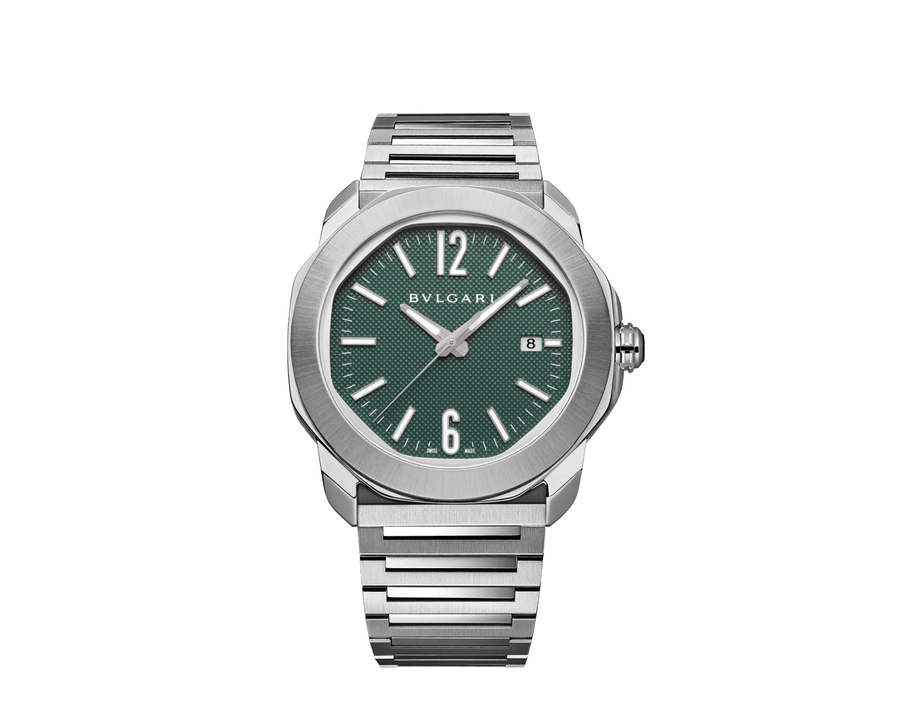 Octo Roma watch in satin-brushed and polished stainless steel with additional interchangeable green rubber strap and green Clous de Paris dial. Mechanical manufacture movement with automatic winding. Water-resistant up to 100 metres. 104091 image 1