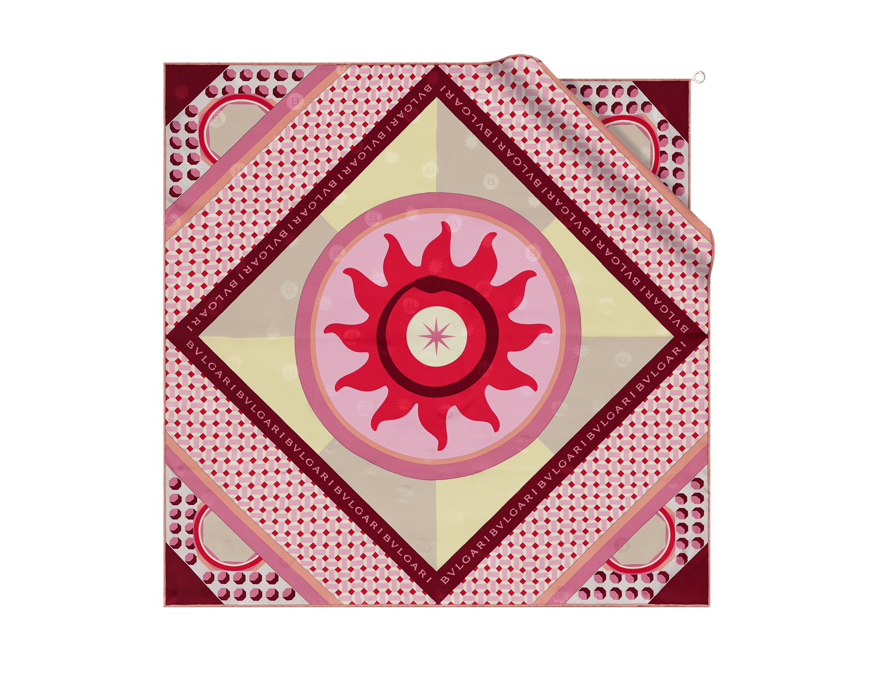 Wheel of the Sun scarf in fine, printed pink silk twill with a BULGARI BULGARI metal pendant. WHEELOFSUN image 1