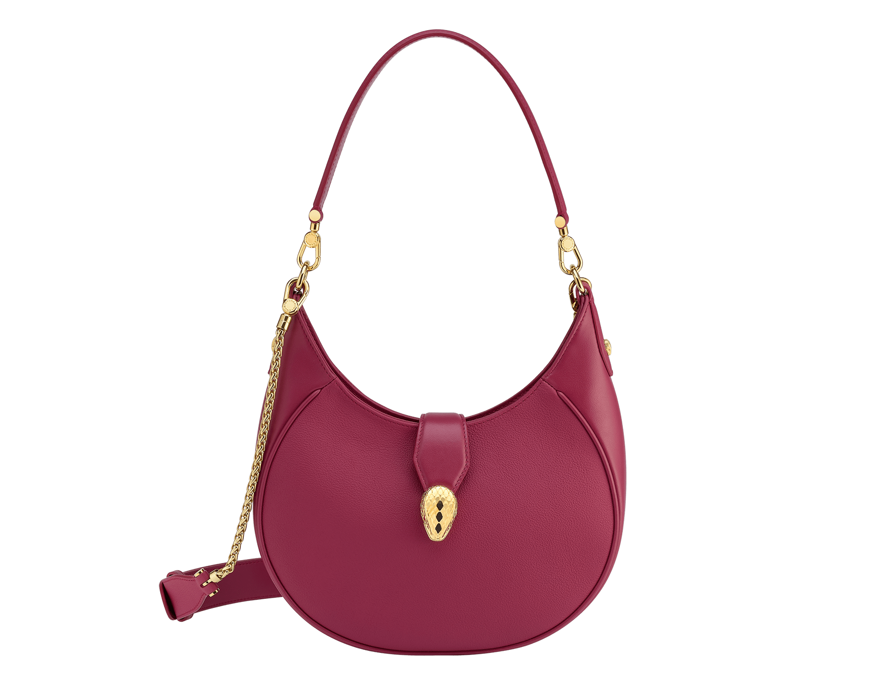 Serpenti Ellipse medium shoulder bag in Urban grain and smooth ivory opal calf leather with flamingo quartz pink gros grain lining. Captivating snakehead closure in gold-plated brass embellished with black onyx scales and red enamel eyes. 1190-UCL image 1