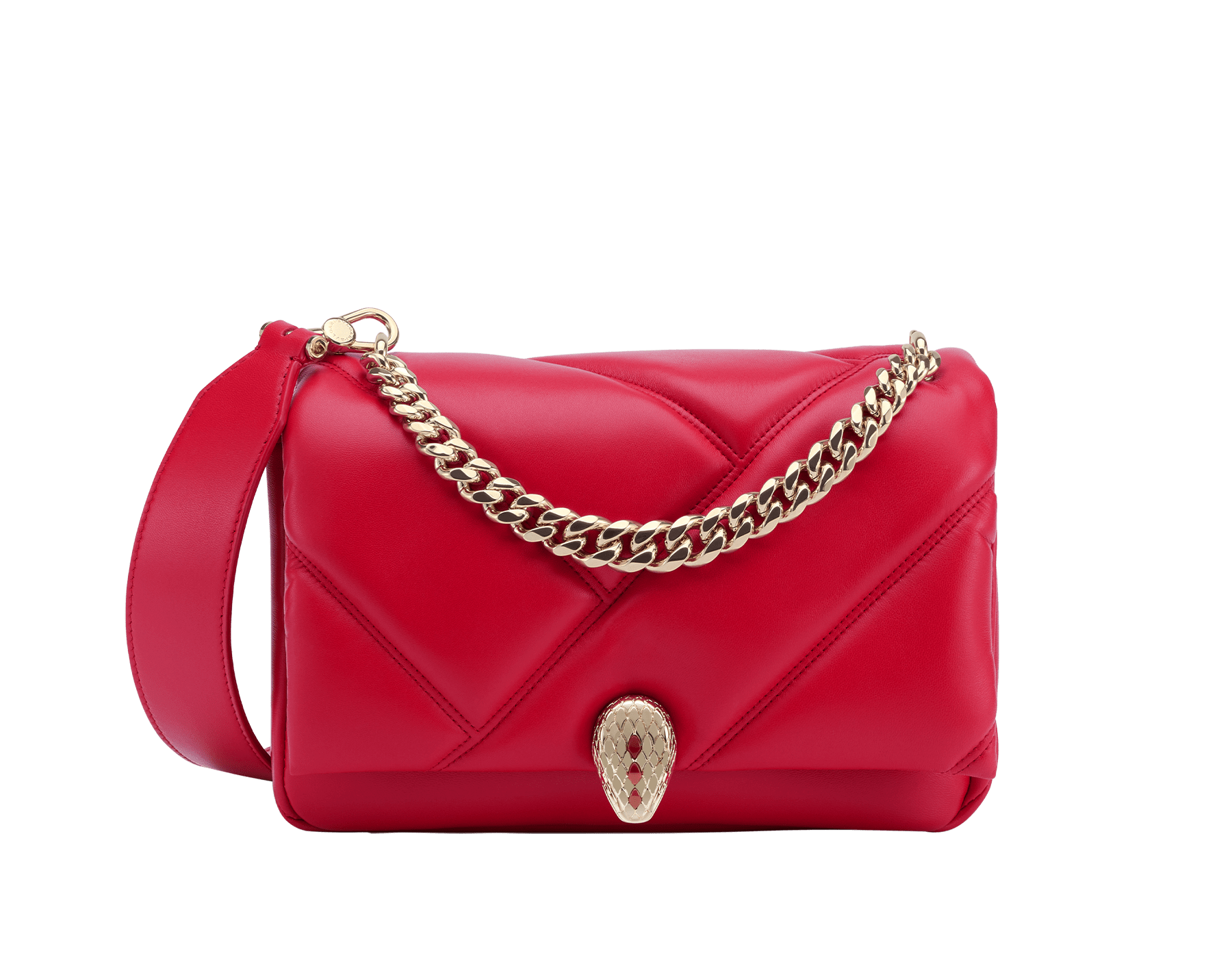"Serpenti Cabochon" small maxi chain crossbody bag in soft quilted Blush Quartz pink calf leather, with a maxi graphic motif, and Deep Garnet burgundy nappa leather internal lining. New Serpenti head closure in gold plated brass, finished with small pink mother-of pearl scales in the middle and red enamel eyes. 1165-NSM image 1