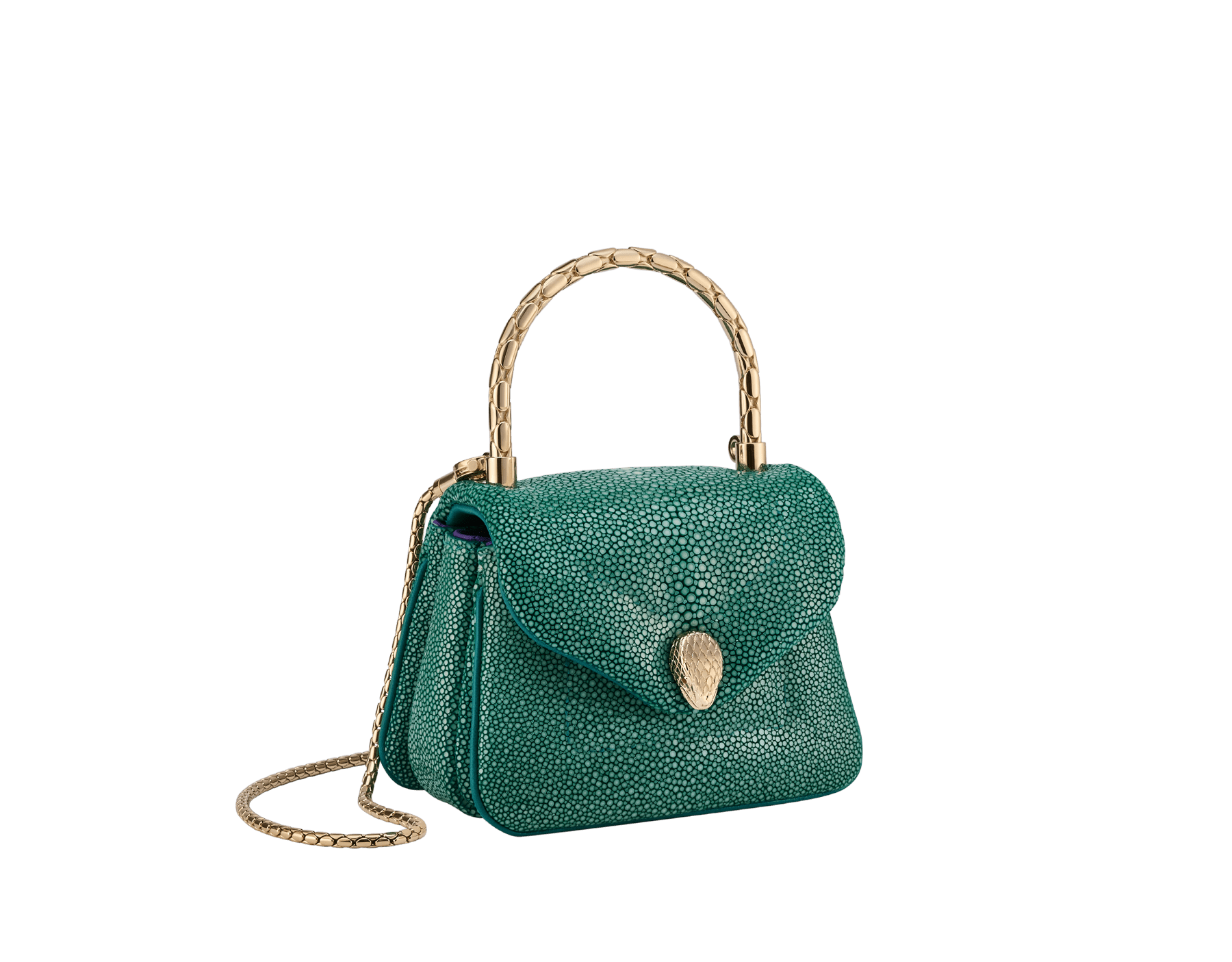 Serpenti Reverse micro top handle bag in soft emerald green galuchat skin with black nappa leather lining. Captivating magnetic snakehead closure in light gold-plated brass embellished with red enamel eyes. SRV-NANOREVERSE image 1