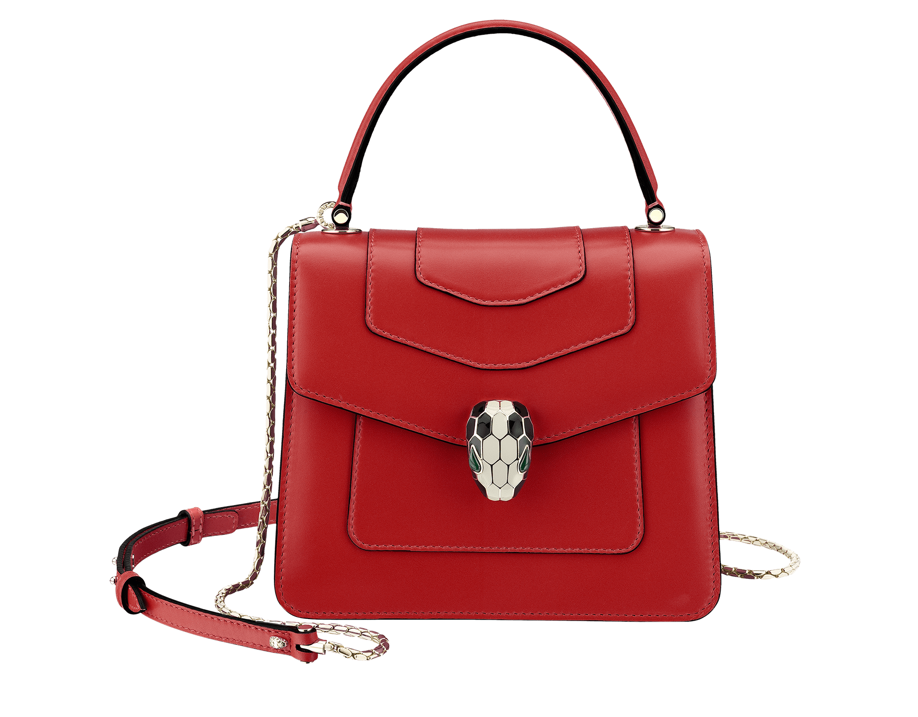 Flap cover bag Serpenti Forever in ruby red calf leather. Brass light gold plated hardware and snake head closure in black and white enamel with eyes in green malachite. 752-CLa image 1