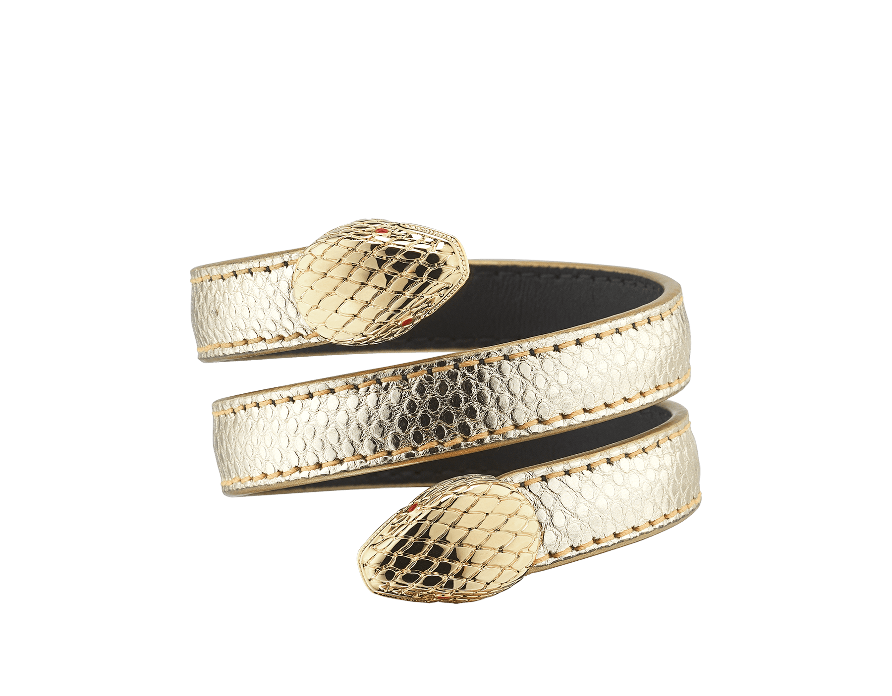 "Serpenti Forever" multi-coiled rigid Cleopatra bracelet in light gold "Molten" karung skin. New double Serpenti head décor in light gold plated brass, finished with red enamel eyes. Cleopatra-MoltenK-LG image 1
