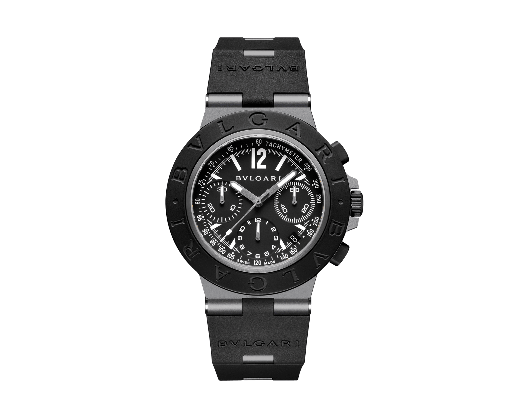 Bvlgari Titanio Chronograph watch with mechanical manufacture movement, automatic winding, chronograph, 41 mm sandblasted titanium case, black rubber bezel and bracelet, and black dial. Water-resistant up to 100 metres 104299 image 1