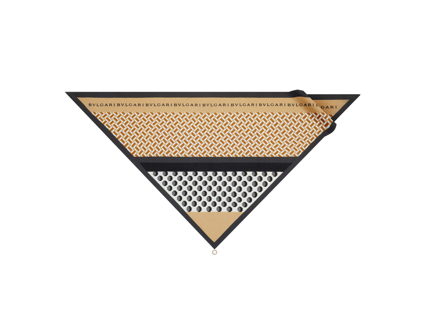 Wheel of the Sun triangle scarf in fine, printed and crinkled black silk with a BULGARI BULGARI metal pendant. WHEELOFSUNTRIAN image 1
