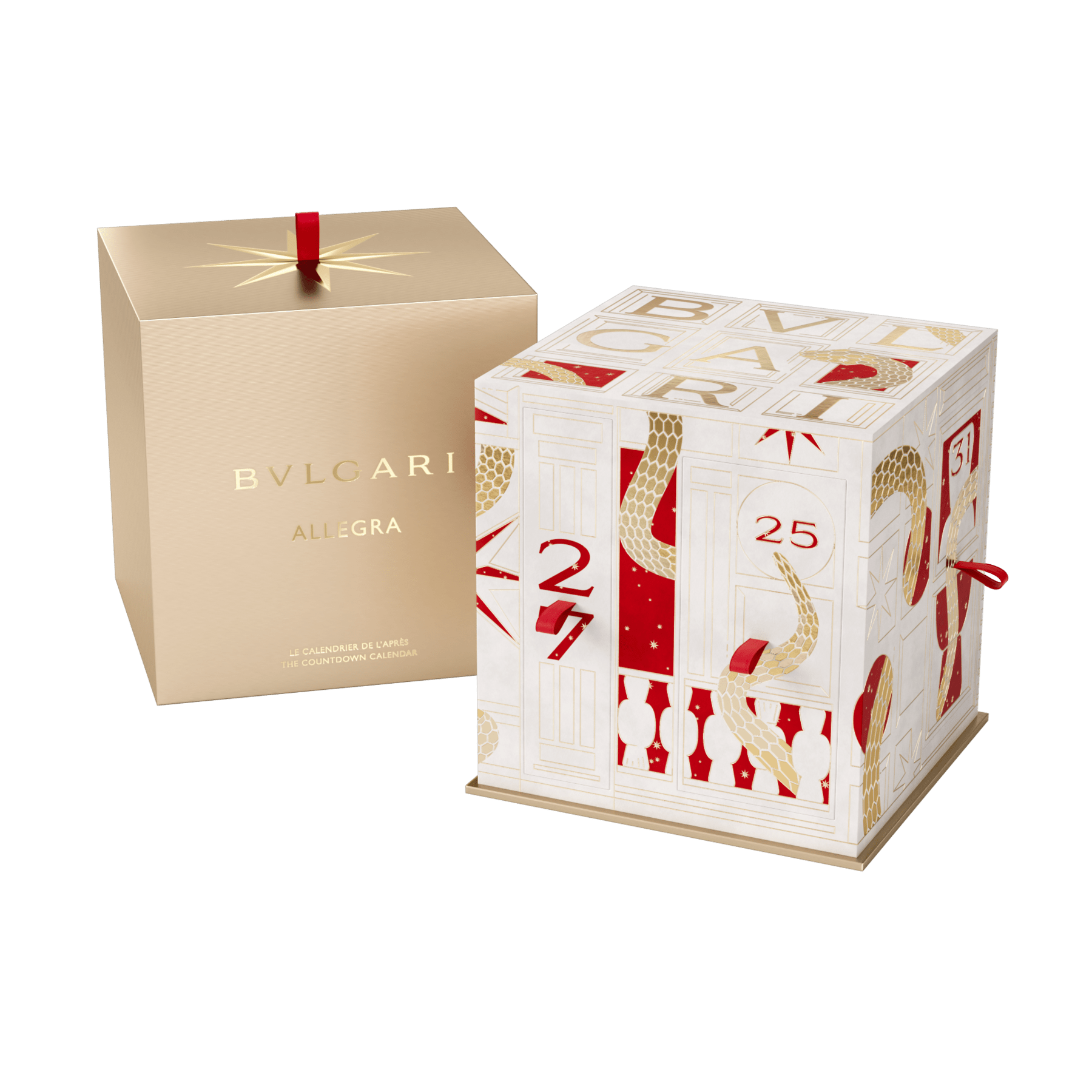 Immergiti nell’incanto delle festività natalizie e celebra la magia del dono con il calendario dell'avvento Allegra, contenente 7 regali speciali: una Eau de Parfum Bvlgari Allegra Baciami da 50 ml, una Eau de Parfum Bvlgari Allegra Fiori d’amore da 50 ml, una crema mani Bvlgari Allegra Baciami da 40 ml, una Eau de Parfum Bvlgari Allegra Insieme da 10 ml, un'essenza Bvlgari Allegra Magnifying Musk da 10 ml, un'essenza Bvlgari Allegra Magnifying Bergamot da 10 ml e un trio di ceramiche profumabili. 42700 image 1