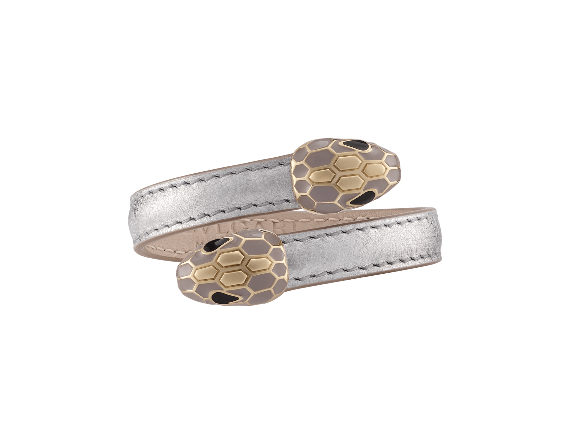 Serpenti Forever soft bangle bracelet in silver Striated calf leather. Captivating contraire snakehead motif in light gold-plated brass embellished with brushed grey enamel and light gold-plated scales, and black enamel eyes. SERPSOFTCONTR-LG image 1