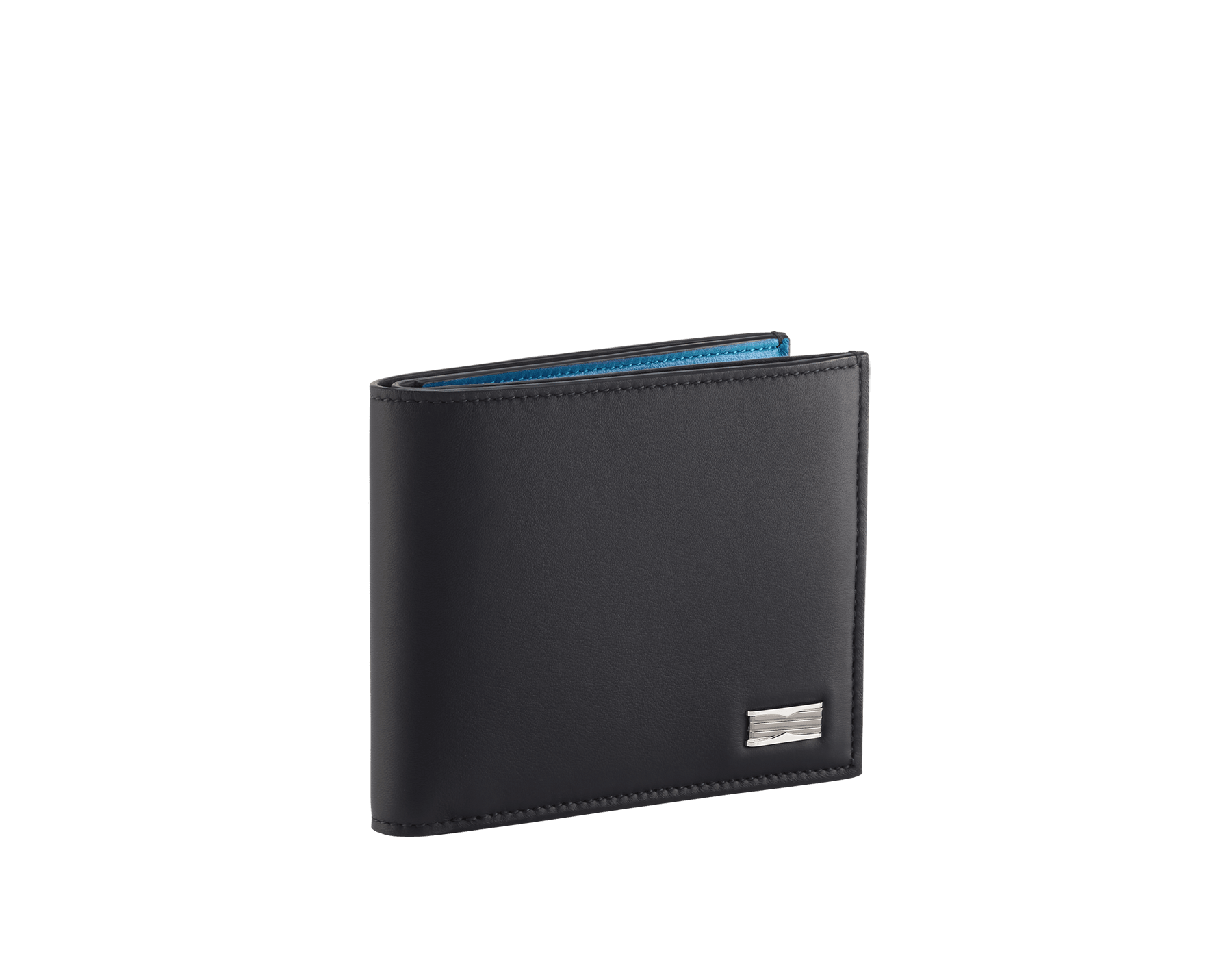 B.zero1 Man bifold wallet in black matt calf leather with niagara sapphire blue nappa leather interior. Iconic dark ruthenium and palladium-plated brass embellishment, and folded closure. BZM-BIFOLDWALLET image 1