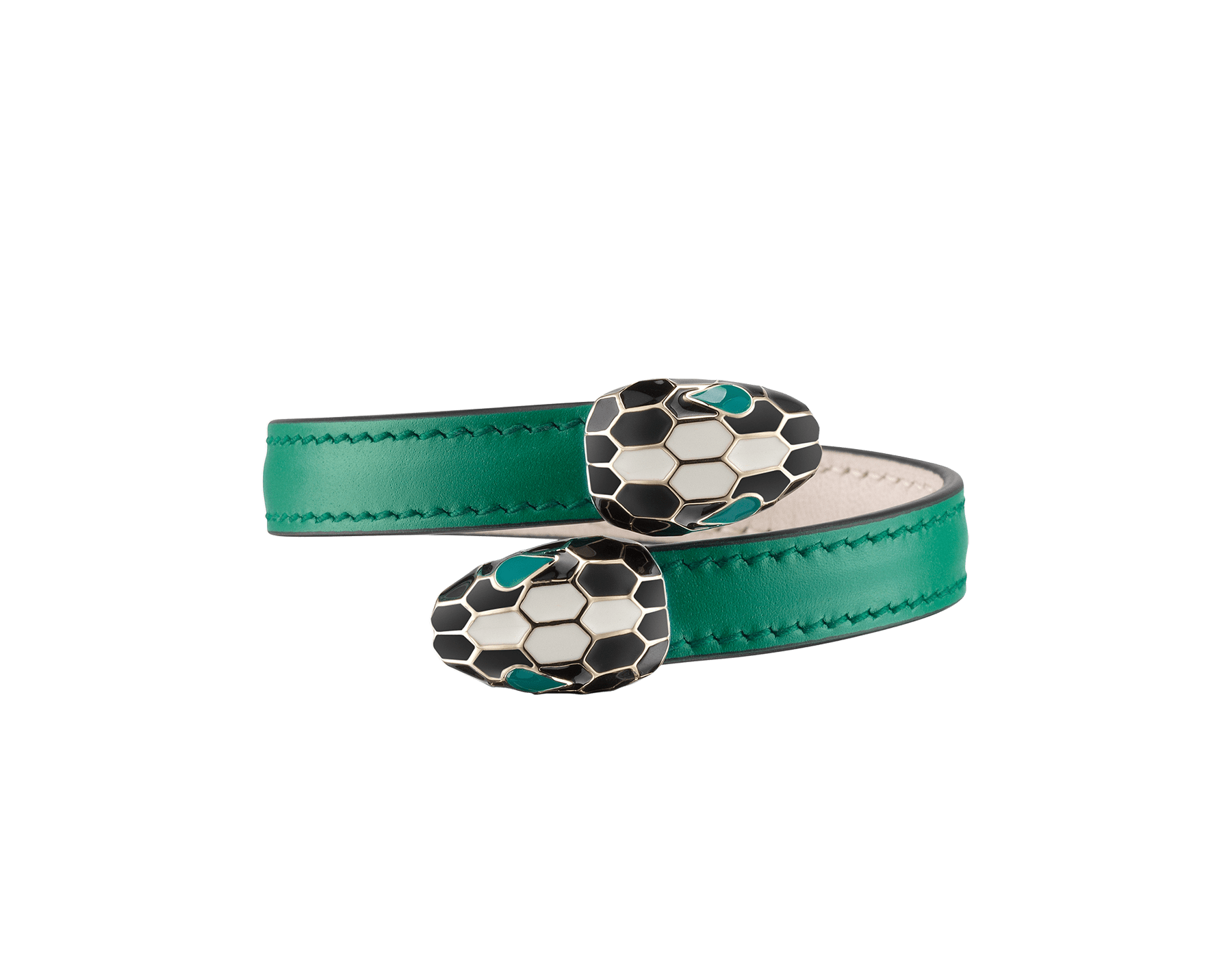 Serpenti Forever soft bangle bracelet in emerald green calf leather, with brass light gold plated hardware. Iconic contraire snakehead décor in black and white enamel, with green enamel eyes. SerpSoftContr-CL-EG image 1