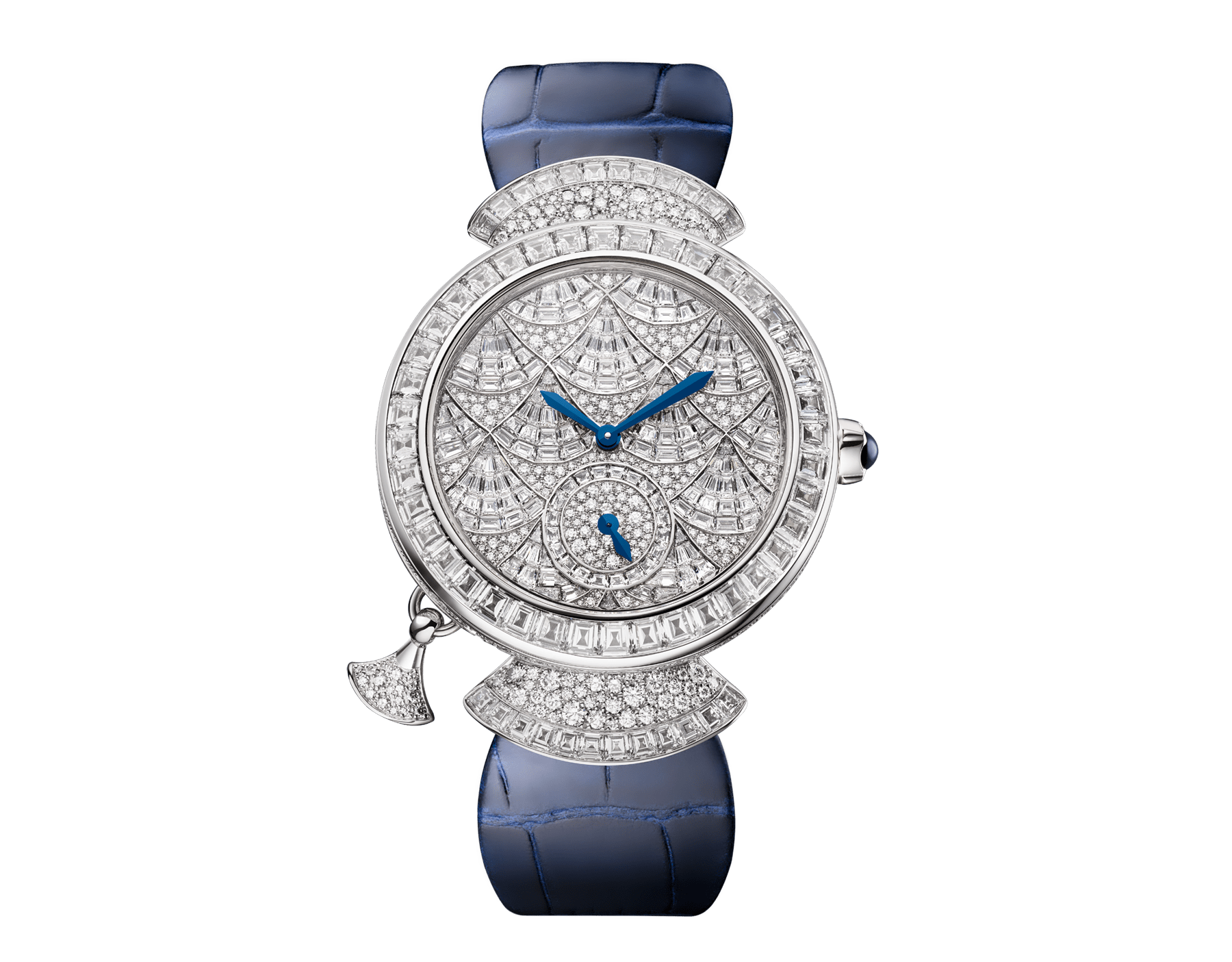 DIVAS' DREAM Finissima Mosaica watch with extra-thin mechanical manufacture movement with minute repeater, 2 hammers (manual winding), 37 mm 18 kt white gold case fully set with snow-pavé and baguette-cut diamonds, dial set with baguette and brilliant-cut diamonds, blue hands, transparent caseback and blue alligator bracelet 103497 image 1