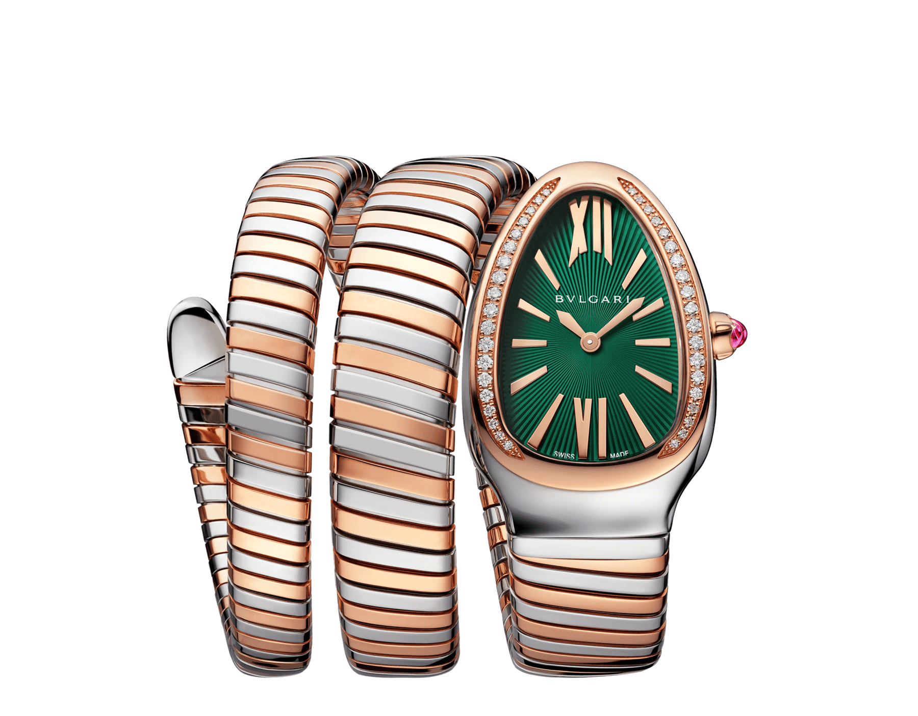Serpenti Tubogas double-spiral watch in 18 kt rose gold and stainless steel with diamond-set bezel and green lacquered soleil dial. Water-resistant up to 30 metres SERPENTI-TUBOGAS-2T-greenDialDiam image 1