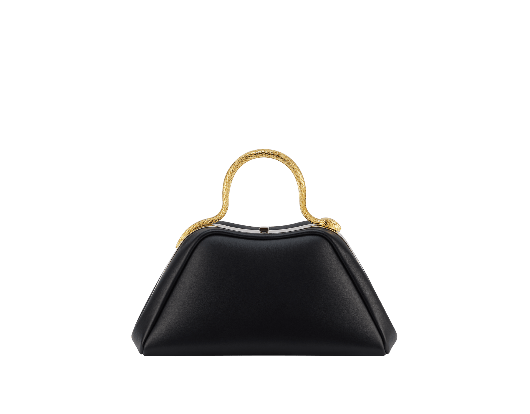 Serpentine mini top handle bag in black smooth calf leather with emerald green nappa leather lining. Captivating snake body-shaped top handle in gold-plated brass embellished with engraved scales and red enamel eyes, press-button closure and light gold-plated brass hardware. SRN-1291 image 1