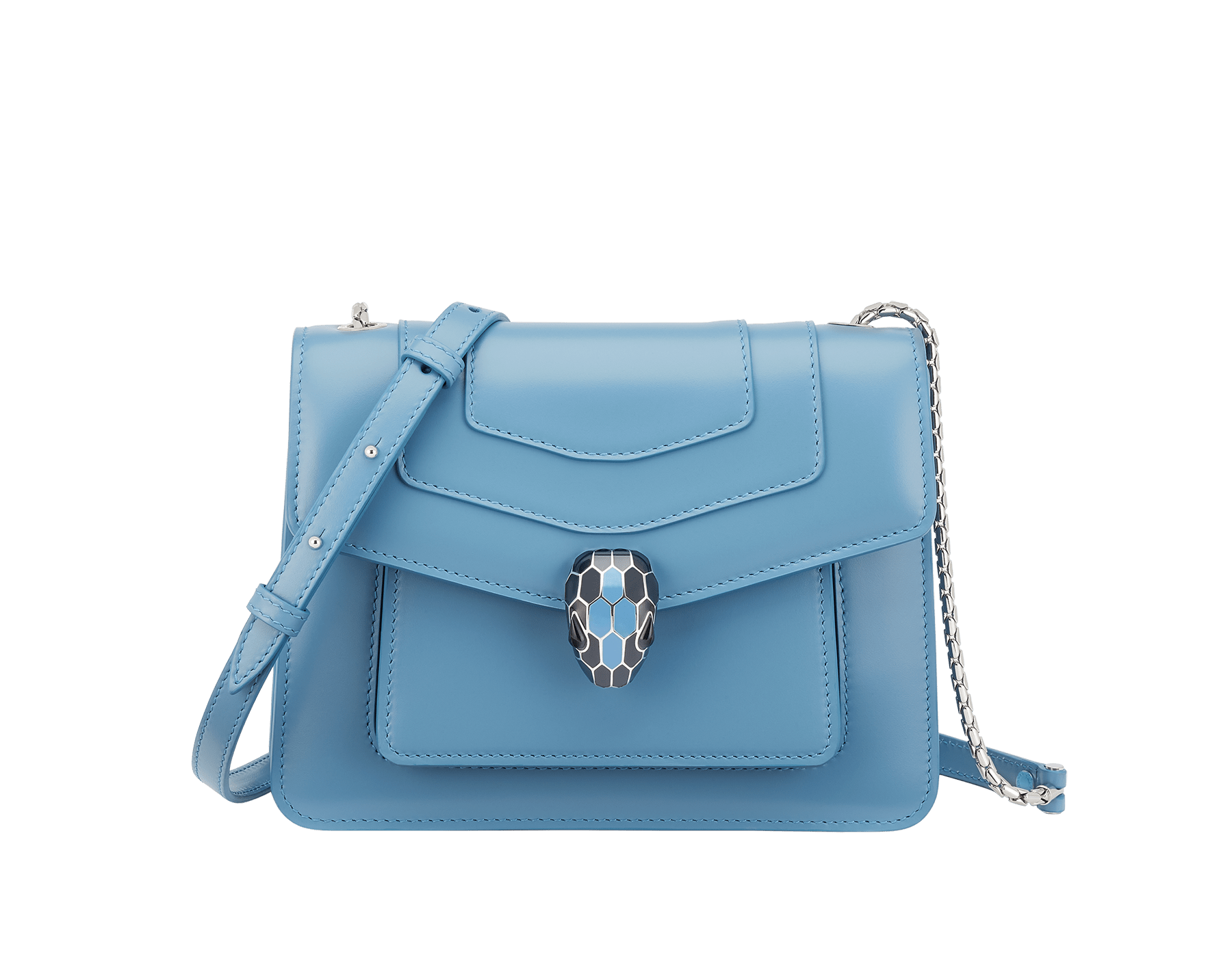 Serpenti Forever small crossbody bag in Niagara sapphire blue calf leather with silky coral pink grosgrain lining. Captivating snakehead closure in palladium-plated brass, embellished with black and Niagara sapphire blue enamel scales and black onyx eyes. 1184-CL image 1