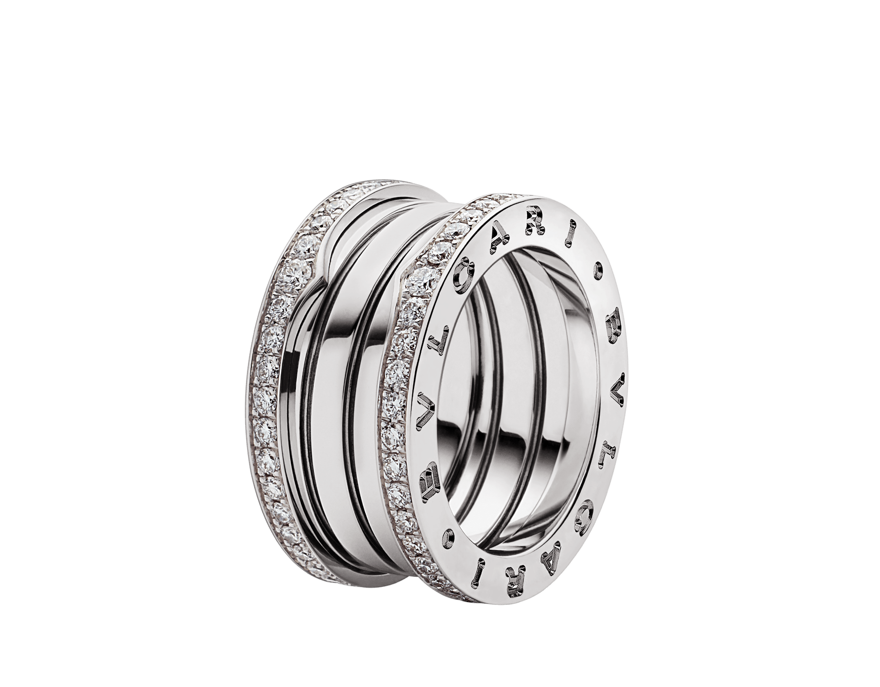 B.zero1 four-band ring in 18 kt white gold, set with pavé diamonds on the edges. B-zero1-4-bands-AN857023 image 1