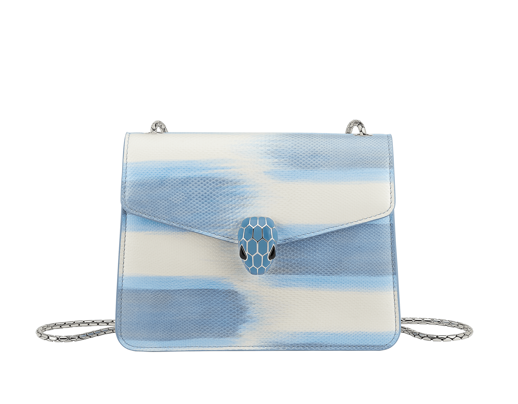 “Serpenti Forever” crossbody bag in multicolor "Shaded" karung skin with a pearled effect, and an Aquamarine light blue nappa leather internal lining. Tempting snakehead closure in palladium-plated brass, embellished with pearled lilac and matte Aquamarine light blue enamel, and black onyx eyes. 422-MK image 1