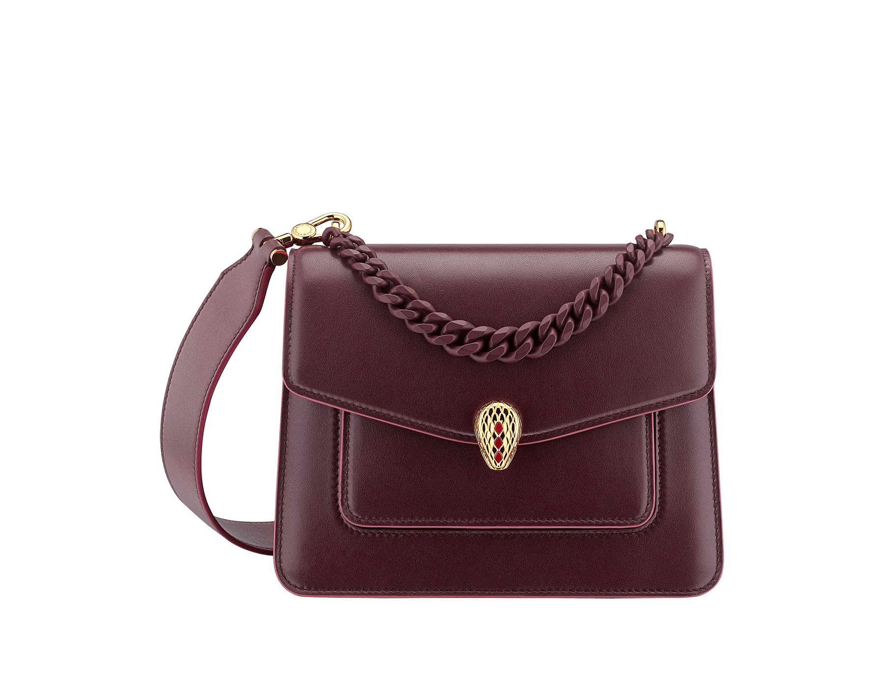 "Serpenti Forever" small maxi chain crossbody bag in black nappa leather, with black nappa leather inner lining. New Serpenti head closure in dark ruthenium-plated brass and finished with small black onyx scales in the middle and red enamel eyes. 1134-MCNb image 1