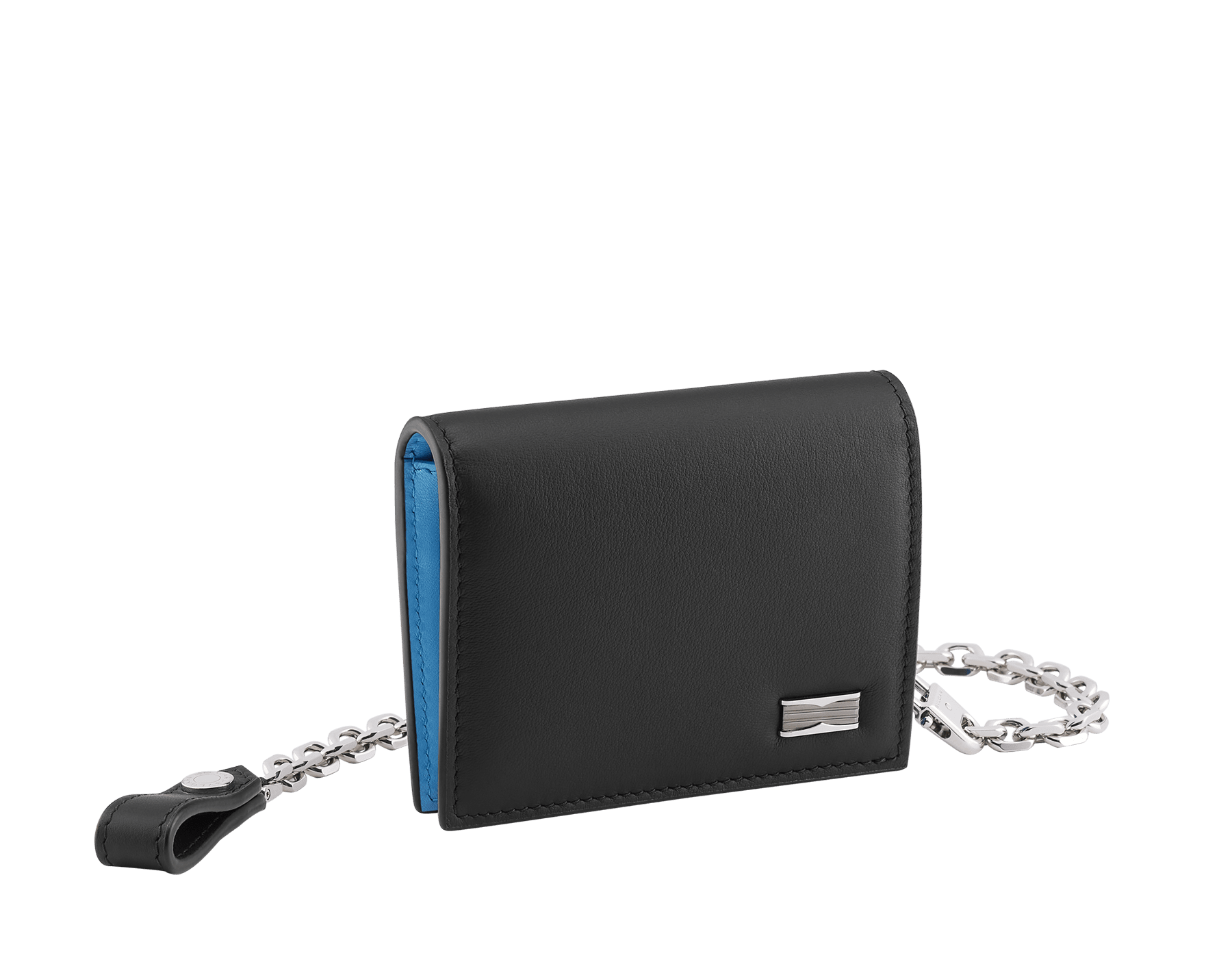 B.zero1 Man compact wallet with chain in black matte calf leather with Niagara sapphire blue nappa leather interior. Iconic dark ruthenium and palladium-plated brass embellishment, and folded press-stud closure. BZM-COMPACTWALLET image 1