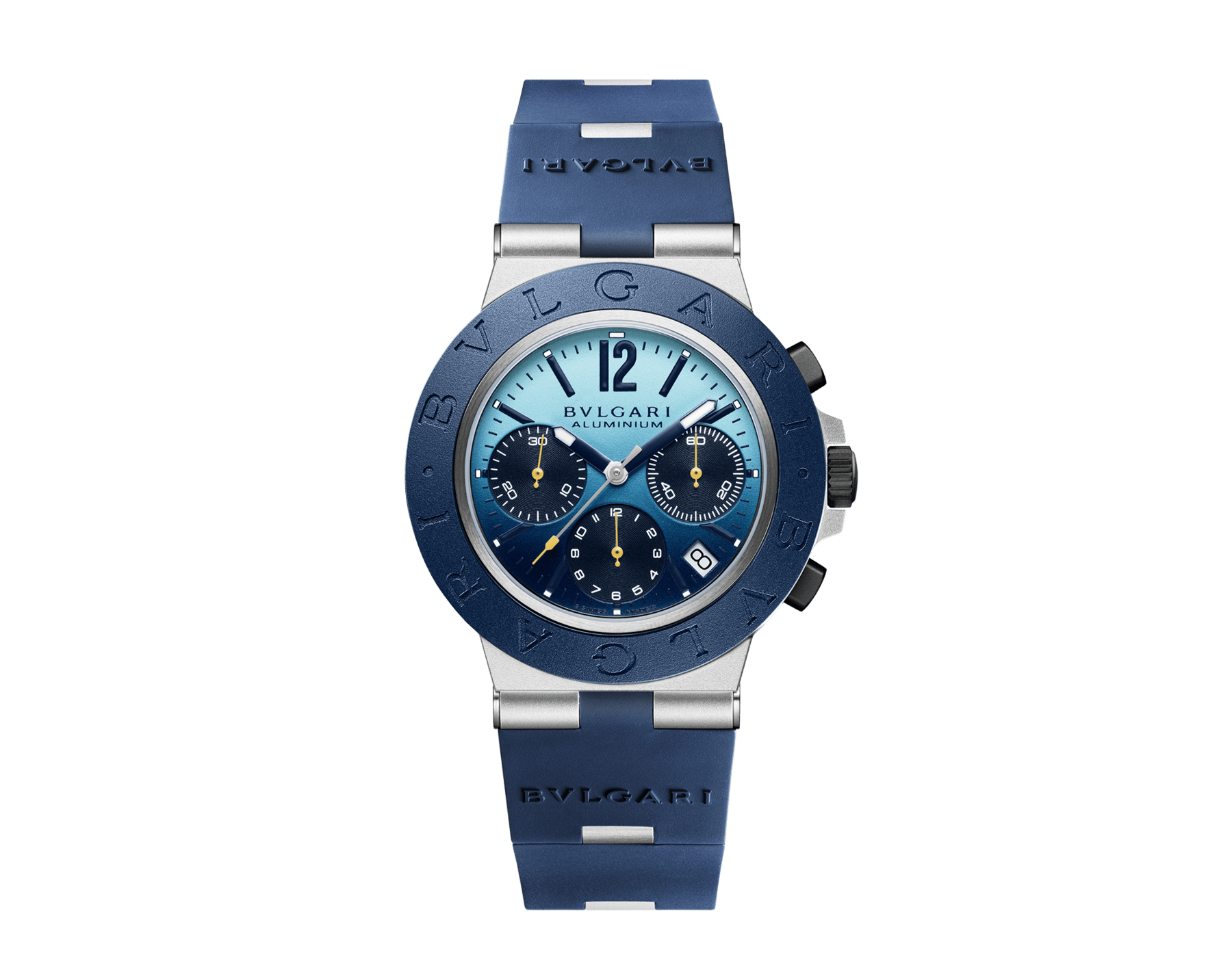 Bulgari Aluminium Capri Edition watch with mechanical manufacture movement, automatic winding, chronograph, 40 mm aluminum case, dark blue rubber bezel and bracelet, and blue shaded dial. Water-resistant up to 100 meters. Special Edition limited to 1,000 pieces 103844 image 1