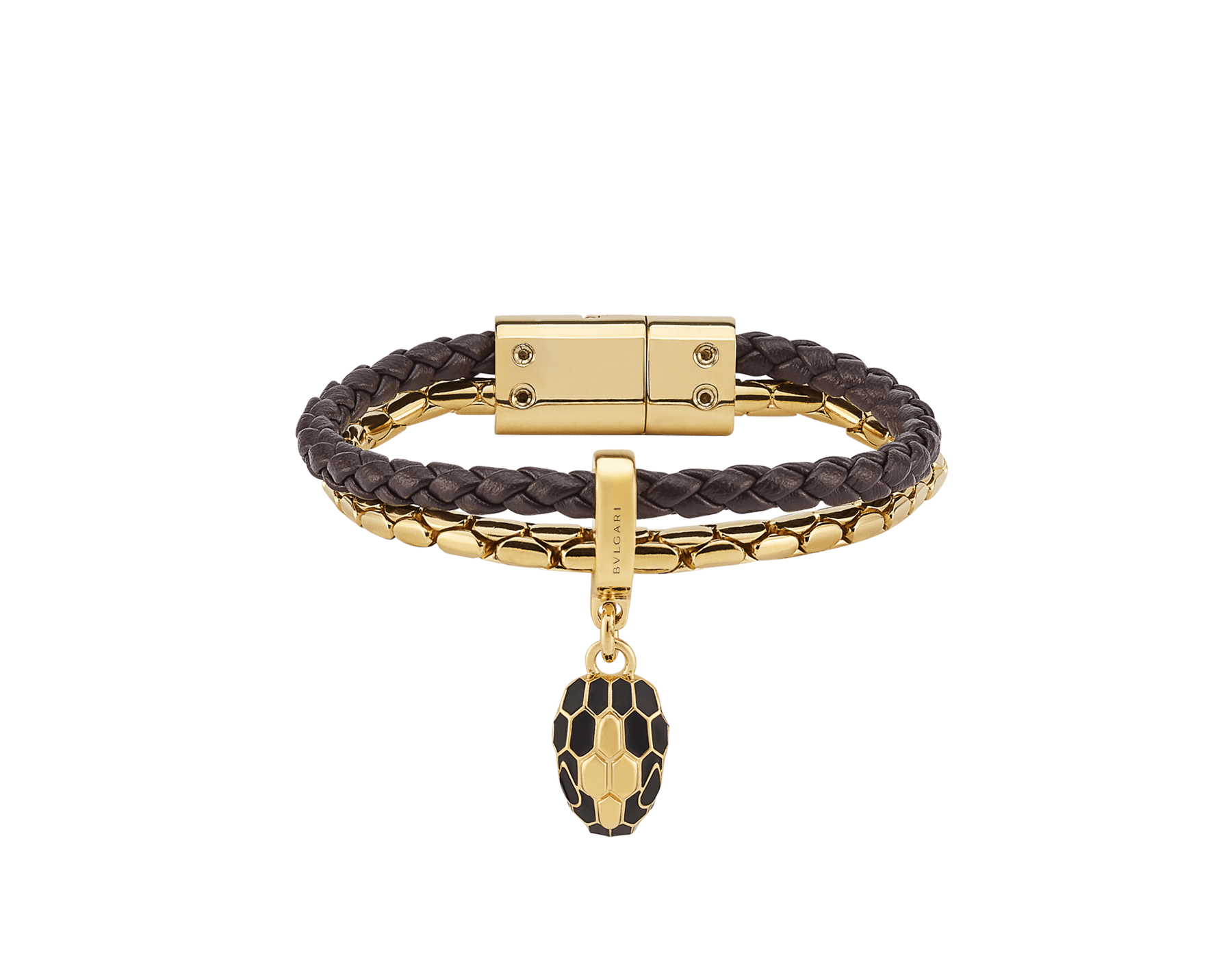 Serpenti Forever bracelet in chestnut opal braided calf leather and gold-plated brass chain with magnetic clasp closure. Captivating snakehead charm with black enamel and gold-plated scales, and black enamel eyes. SERP-BRAID-CHAIN-chestopal image 1