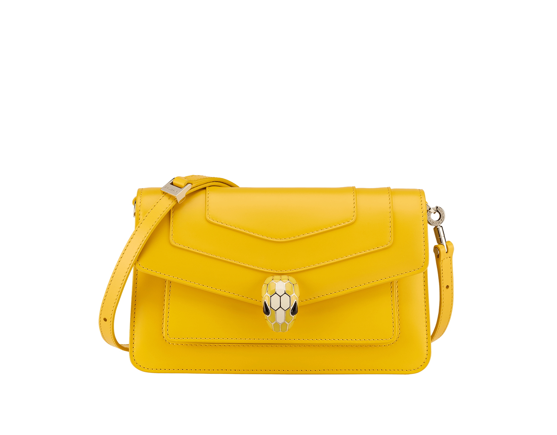 Serpenti Forever East-West small shoulder bag in sun citrine yellow calf leather with linen agate beige grosgrain lining. Captivating snakehead magnetic closure in light gold-plated brass embellished with sun citrine yellow and white agate enamel scales, and black onyx eyes. 1237-CL image 1