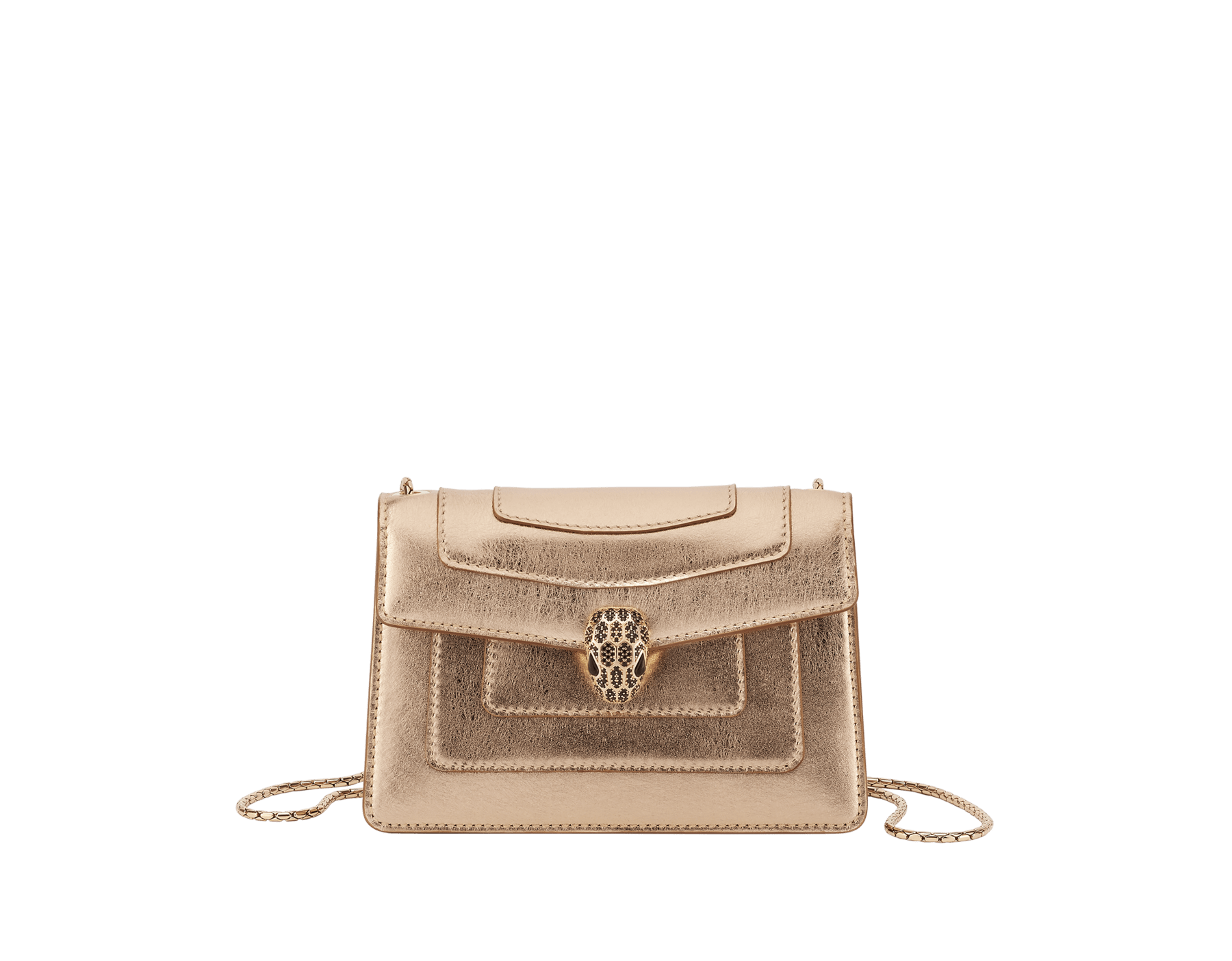 Serpenti Forever mini crossbody bag in light gold Striated calf leather with crystal rose nappa leather lining. Captivating snakehead magnetic closure in light gold-plated brass embellished with black zirconia pavé scales, and black onyx eyes. 293214 image 1