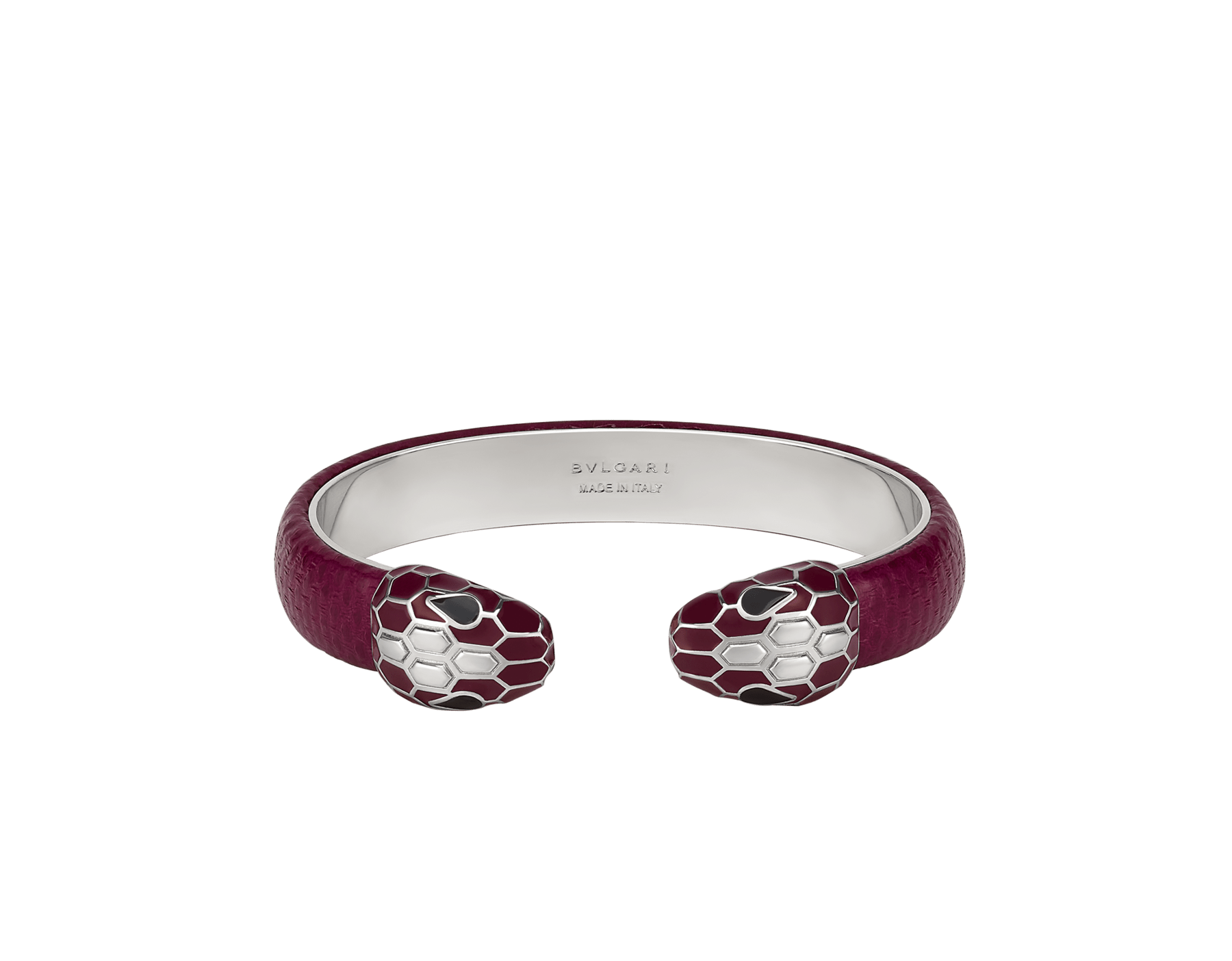Serpenti Forever bangle bracelet in palladium-plated brass with midnight plum Pure karung inserts. Captivating contraire snakehead motif embellished with burgundy and white enamel scales, and black enamel eyes. BRAC-CONTR-PUREKAR image 1