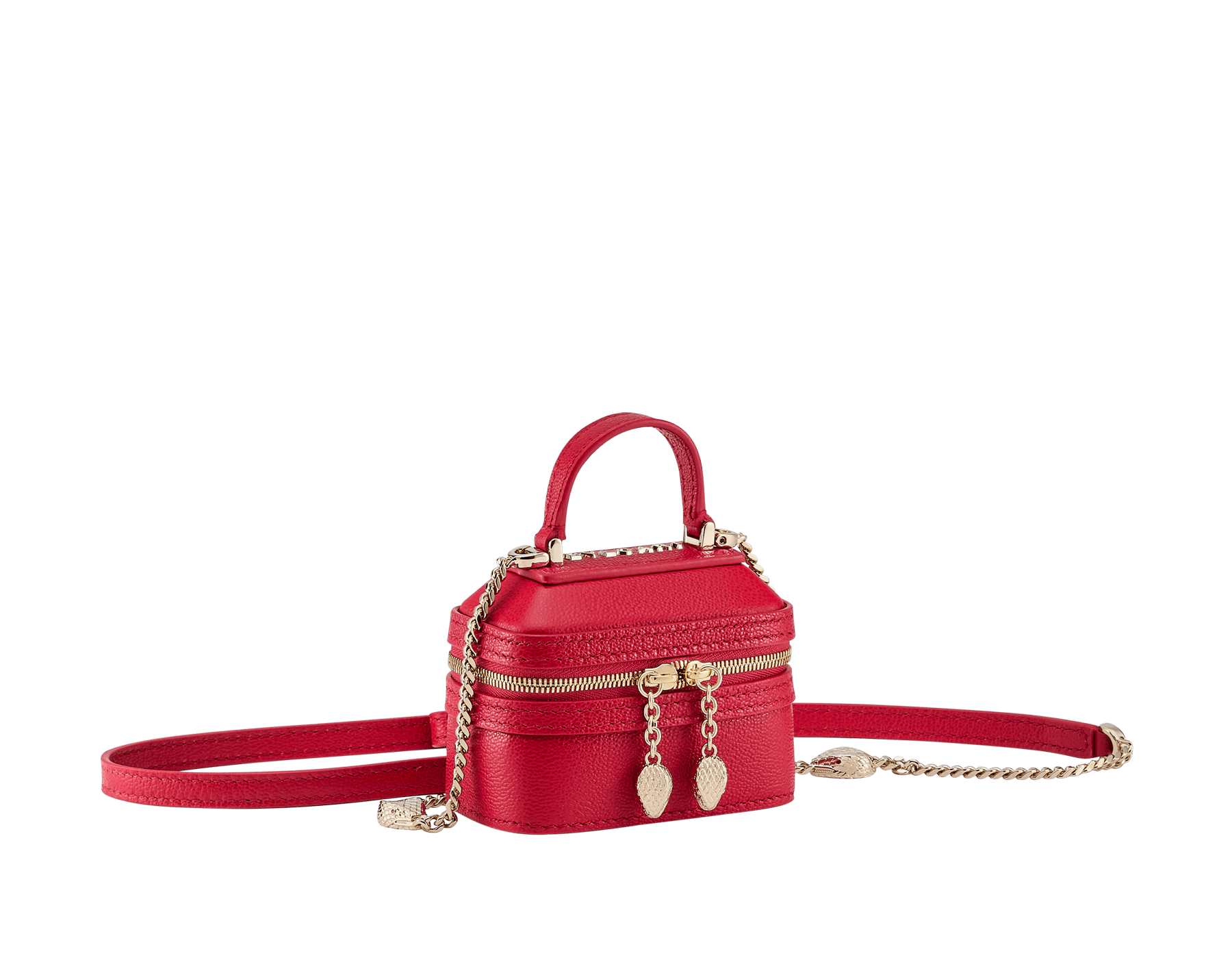 Serpenti Forever mini jewelry box bag in grained, amaranth garnet red Urban calf leather. Captivating snakehead zip pulls and light gold-plated brass chain embellishment. SEA-NANOJWLRYBOX image 1