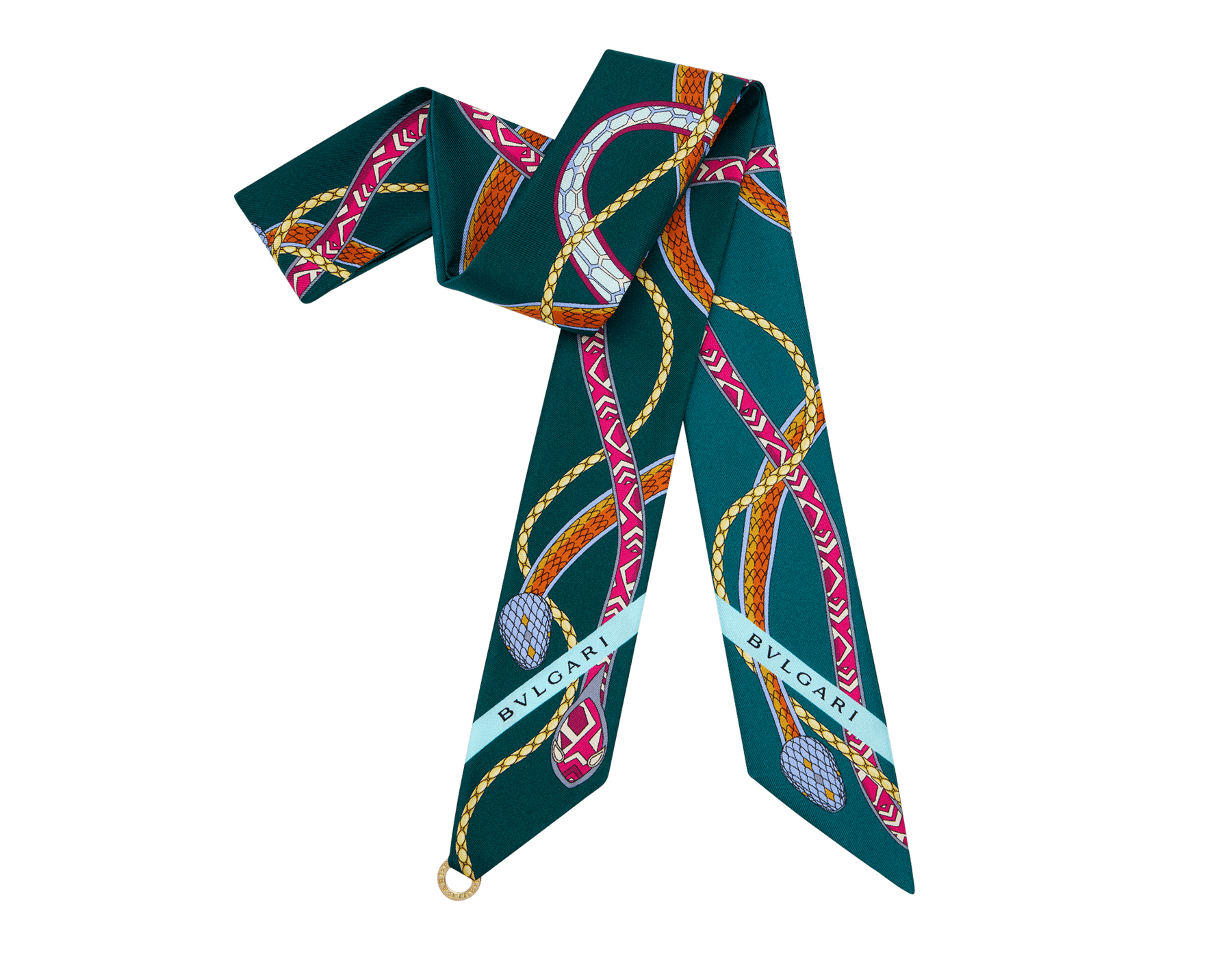 Serpenti 75 shelley in fine teal silk with a BVLGARI BVLGARI metal pendant. Made of 100% silk. SERPENTI75NEW-SH image 1