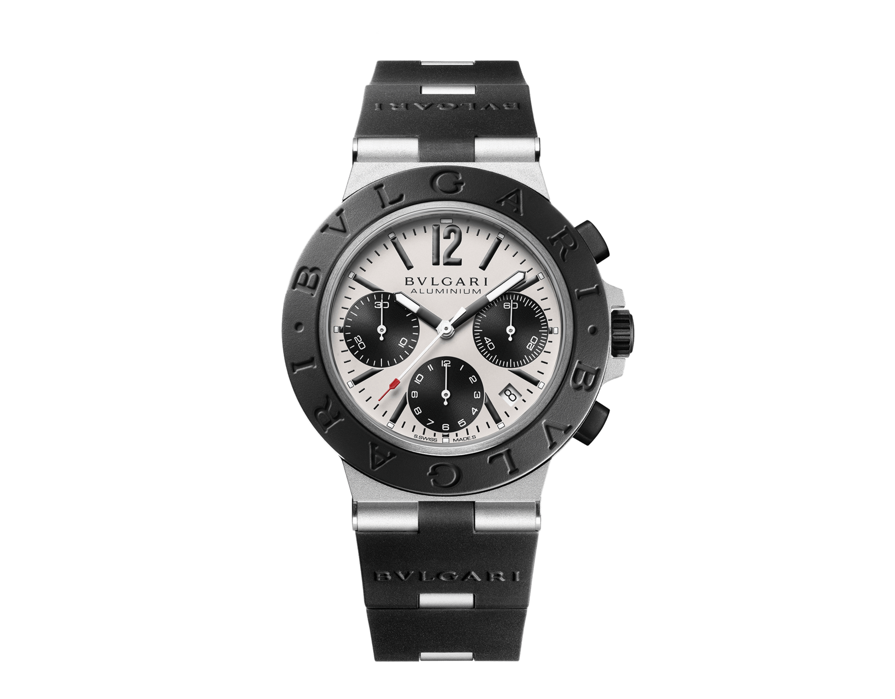 Bvlgari Aluminium watch with mechanical manufacture movement, automatic winding, chronograph, 41 mm aluminium and titanium case, black rubber bezel with Bvlgari Bvlgari engraving, grey dial and black rubber bracelet. Water resistant up to 100 metres 103722 image 1