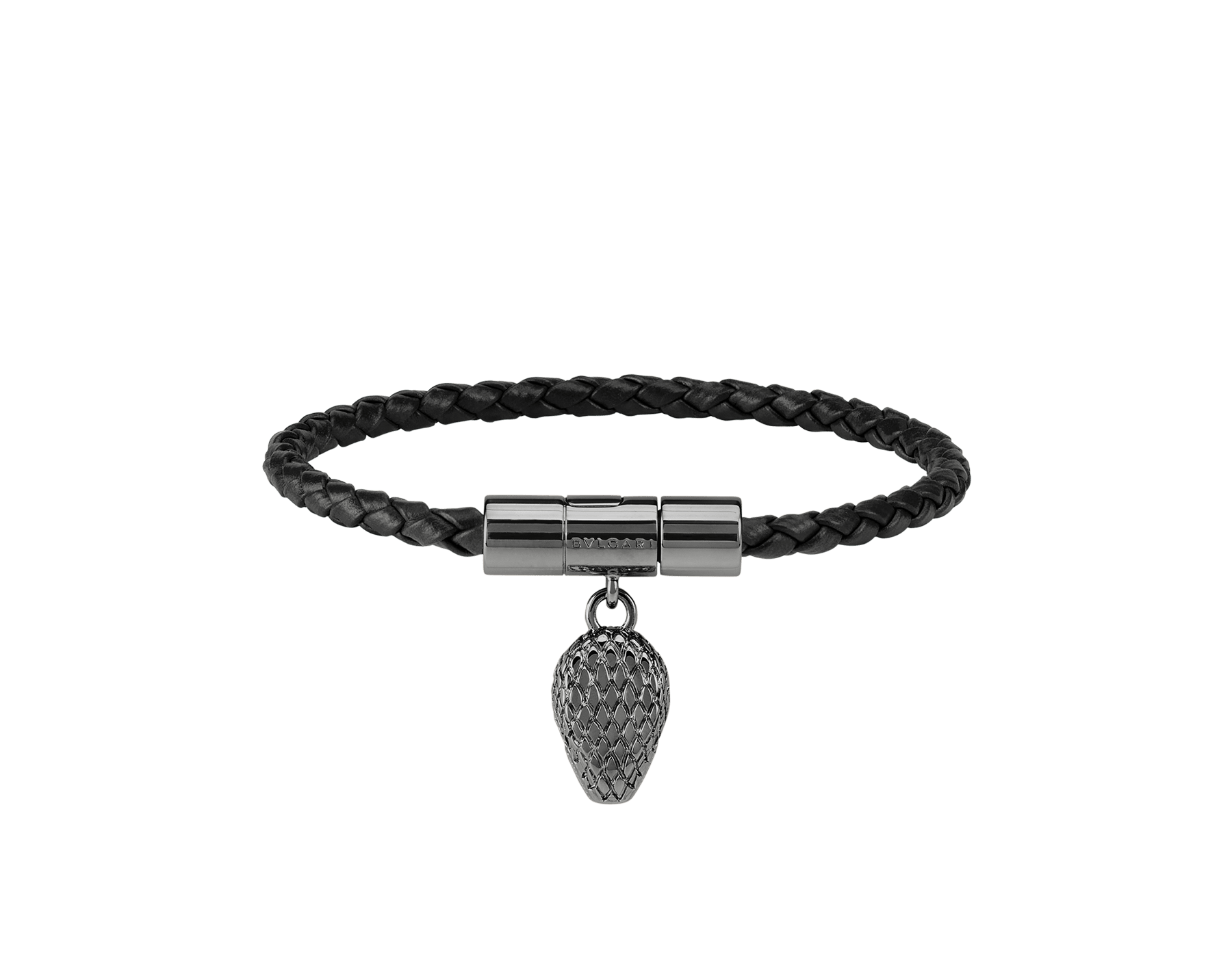 Serpenti Forever bracelet in black braided calf leather. Captivating snakehead charm in dark ruthenium-plated brass, complete with red enamel eyes, attached to the clasp at the front. SERPHERBRAID-WCL-B image 1