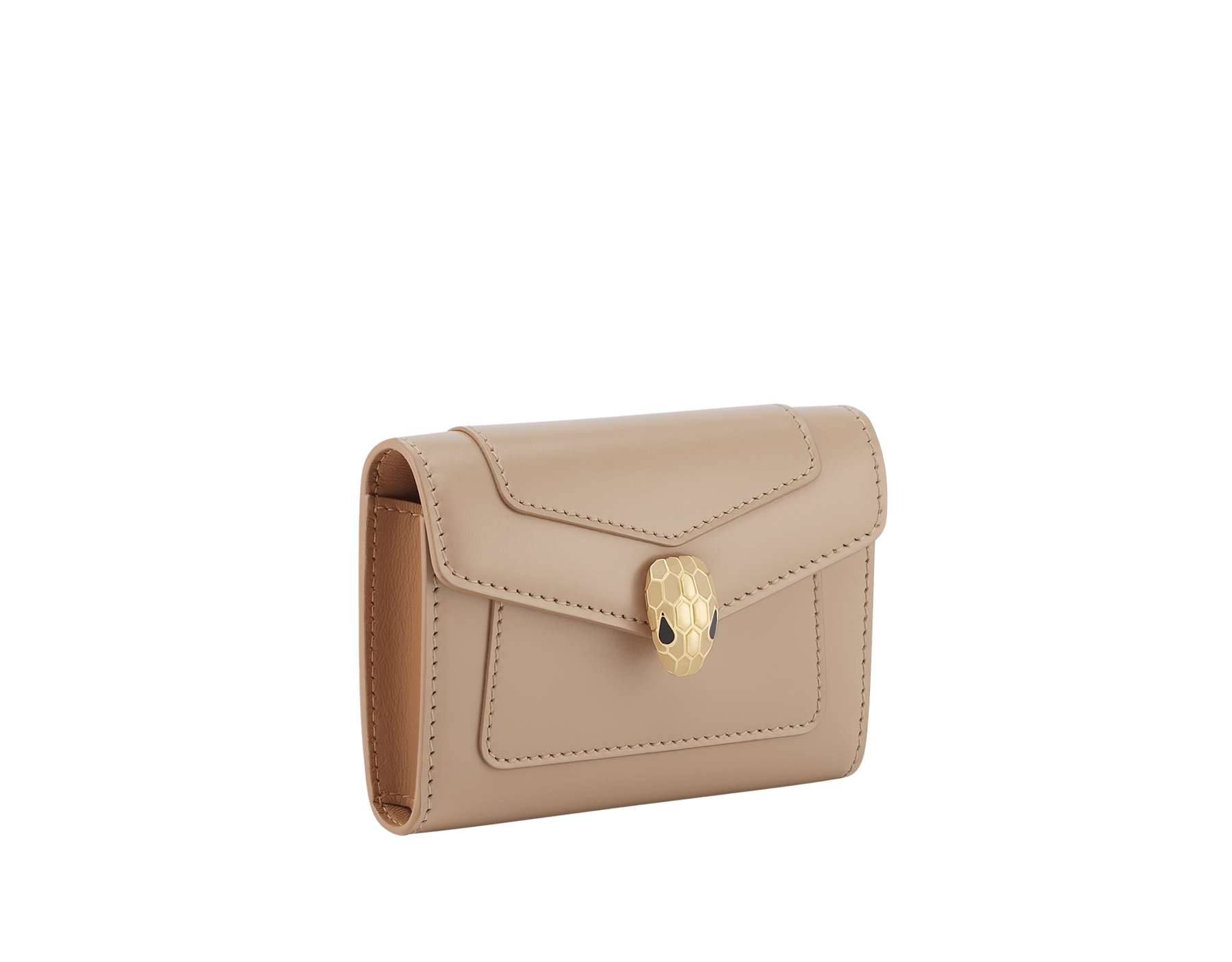 Serpenti Forever business card holder in travertine calf leather with a desert jasper nappa leather interior. Captivating snakehead press-button closure in gold-plated brass embellished with beige noisette enamel, and black enamel eyes. 295116 image 1
