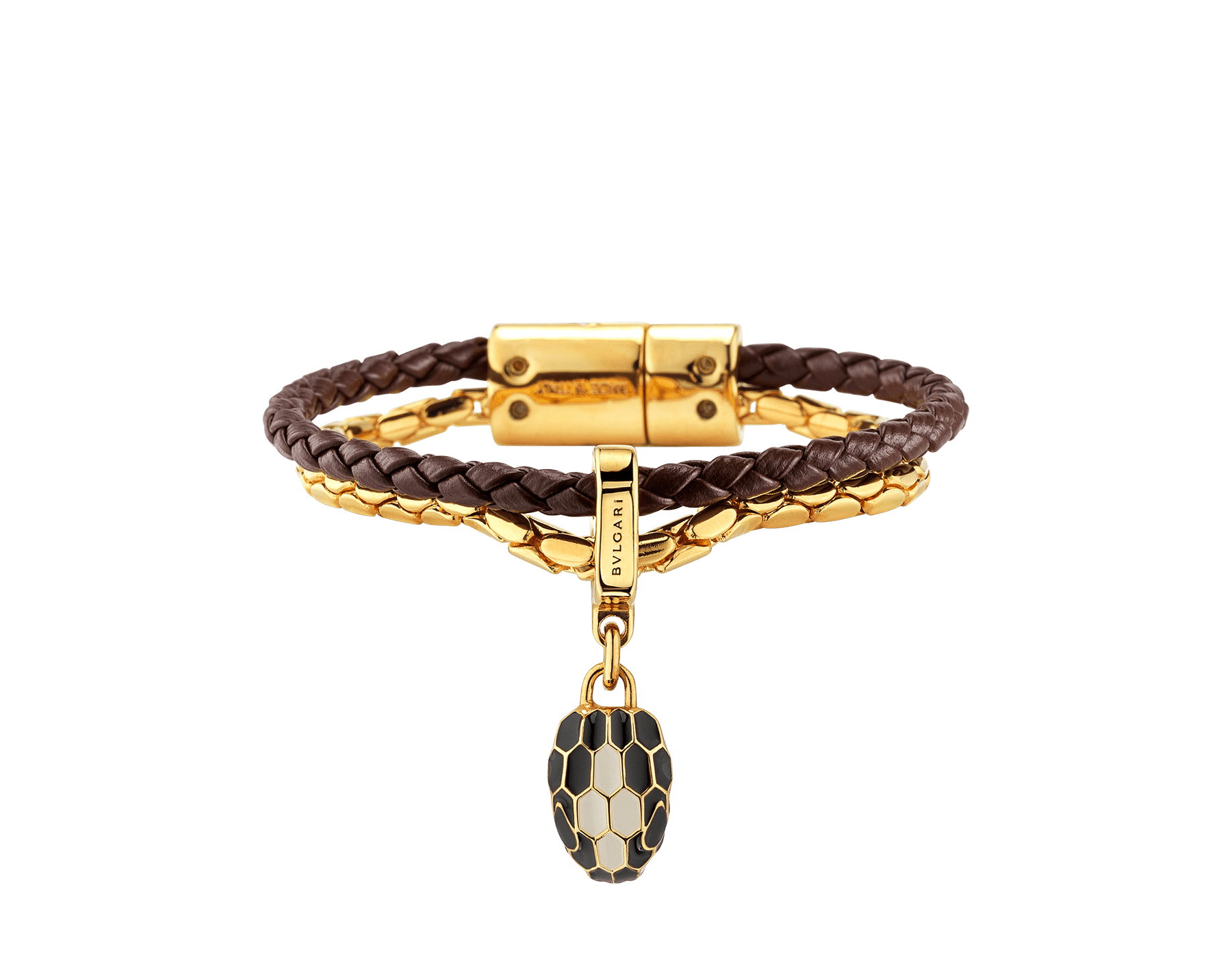 "Serpenti Forever" bracelet in Deep Garnet bordeaux braided calf leather and gold plated brass snake body-shaped chain, with the iconic snakehead charm in black and white agate enamel and black enamel eyes. Magnetic clasp closure. SerpBraidChain-WCL-DG image 1