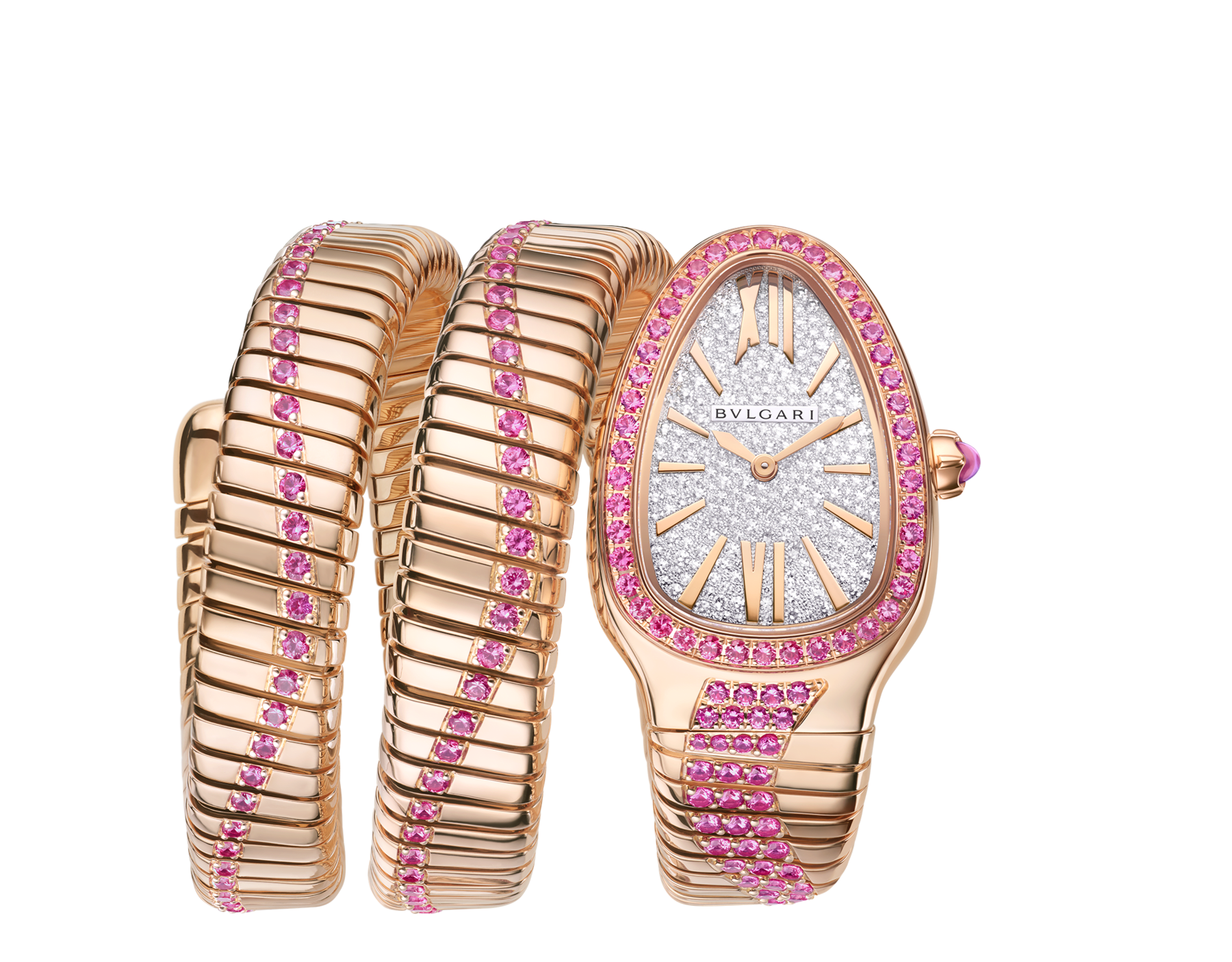 Serpenti Tubogas Infiniti double-spiral watch in 18 kt rose gold set with pink sapphires on the bezel and bracelet, and with a full pavé dial set with diamonds. Water-resistant up to 30 metres 104273 image 1