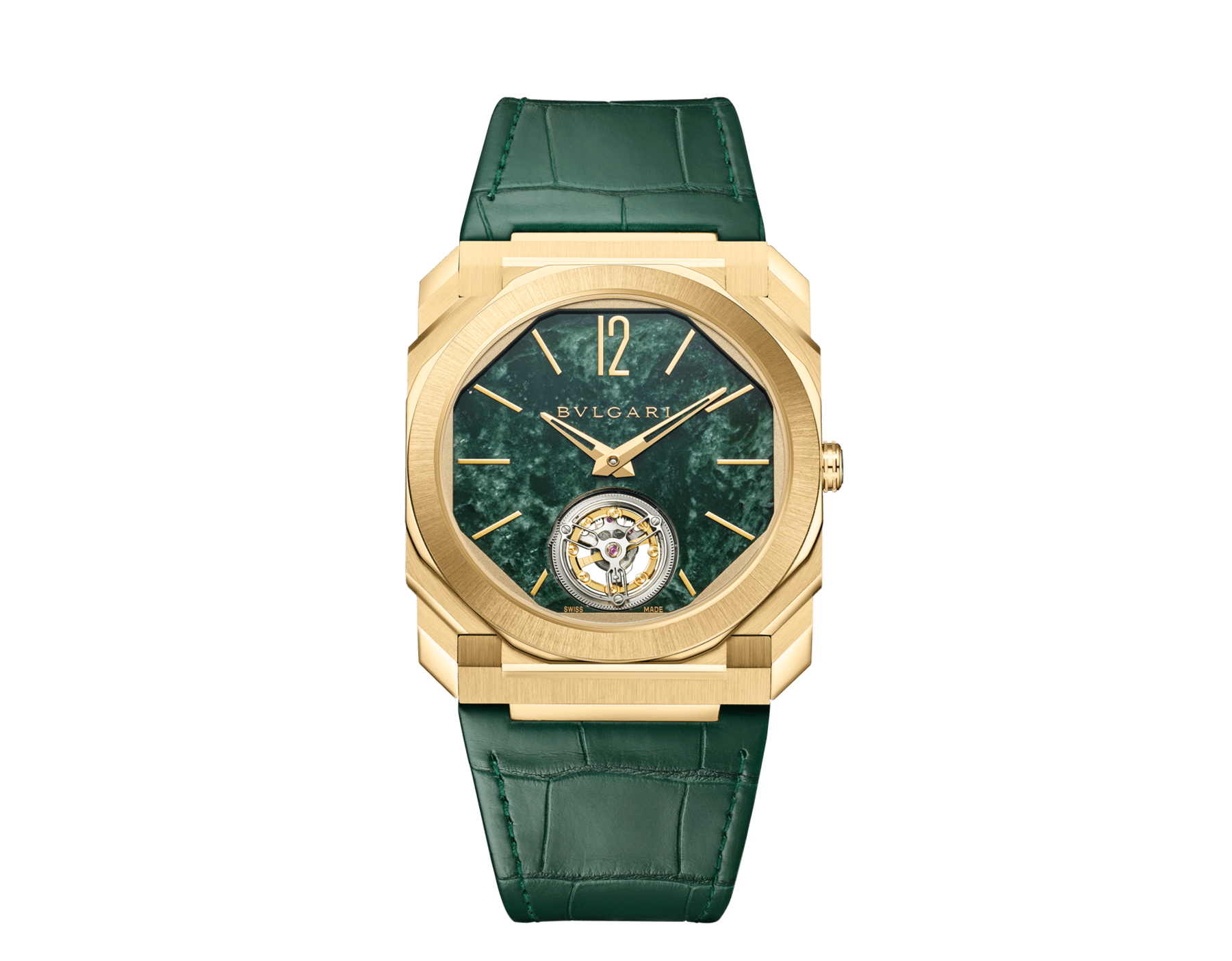 Octo Finissimo Marble Tourbillon watch with mechanical manufacture ultra-thin movement (1.95 mm thin), manual winding, flying tourbillon, satin-polished 18 kt yellow gold case, Verde Alpi green marble dial, yellow gold-plated hands and indexes and green alligator bracelet. Water-resistant up to 30 metres 104171 image 1